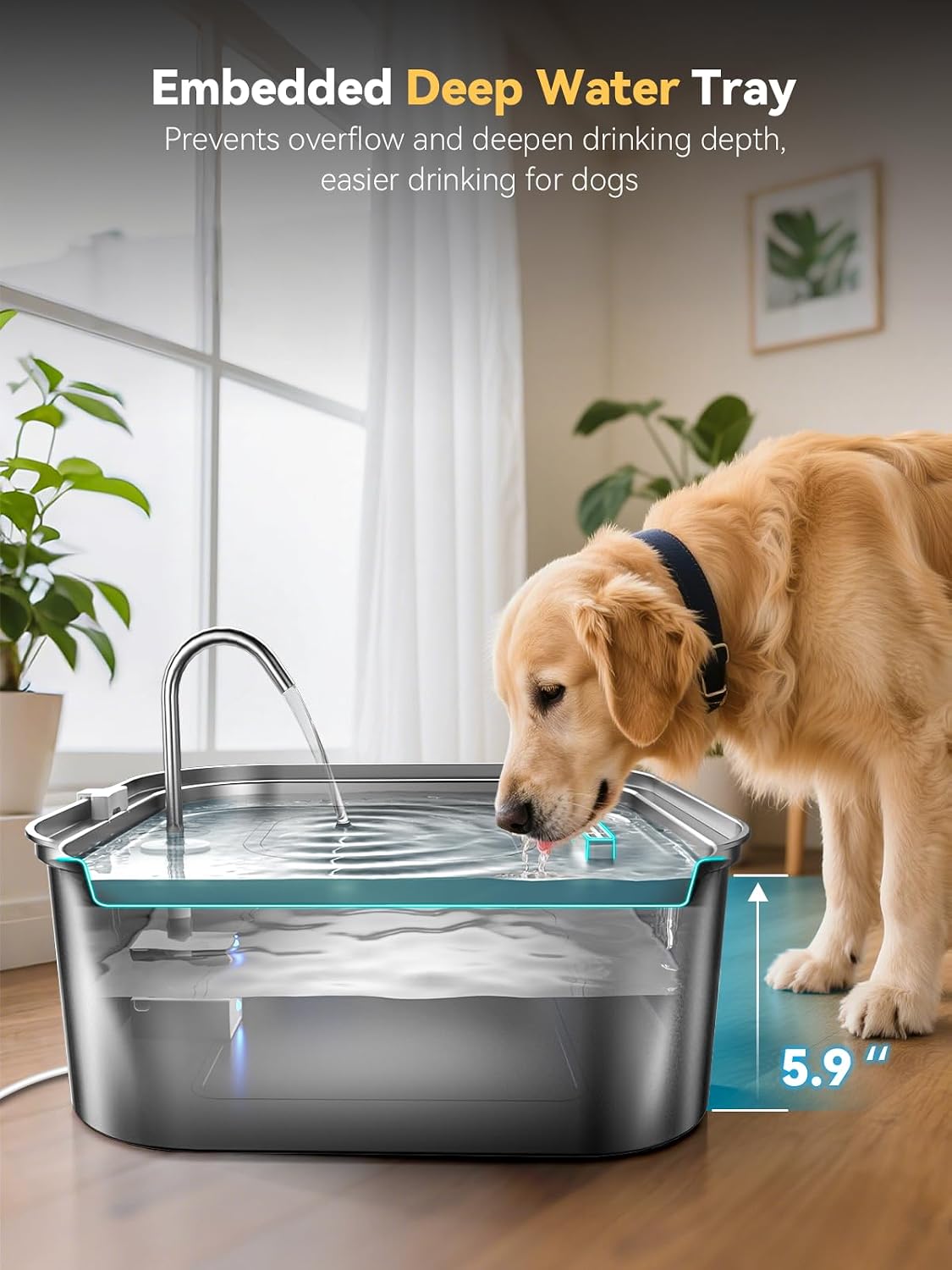 Large Dog Water Fountain 14L/3.7Gal, Stainless Steel Pet Fountain for Large Dogs and Multi-Pets Families, with Visible Window & Extra Wide Drinking Area, Square Design Enlarges Capacity & Saves Space - Image 4