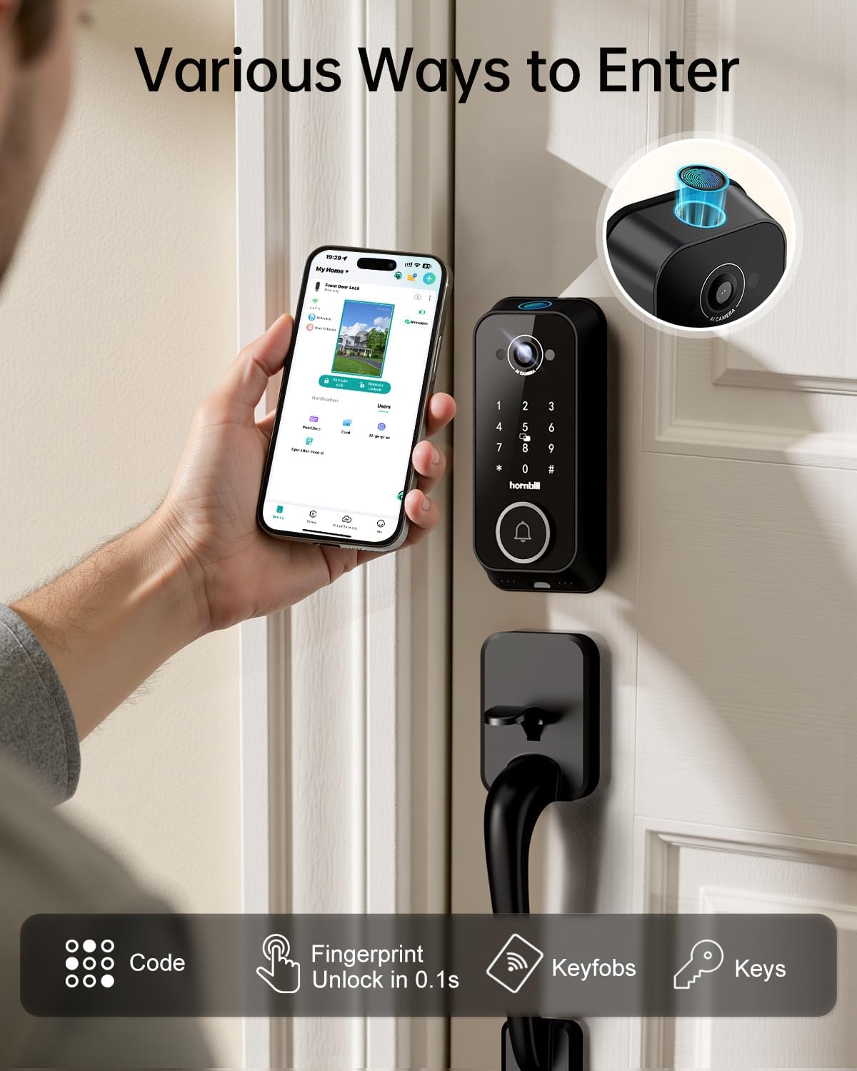 Smart Front Door Lock Sets: 2K HD Camera Lock with Doorbell Kits, Hornbill Fingerprint Keyless Entry Door Lock with Handles, WiFi Deadbolt(only 2.4G) for Remote Control, Free APP/Alexa/PIR, Black - Image 3
