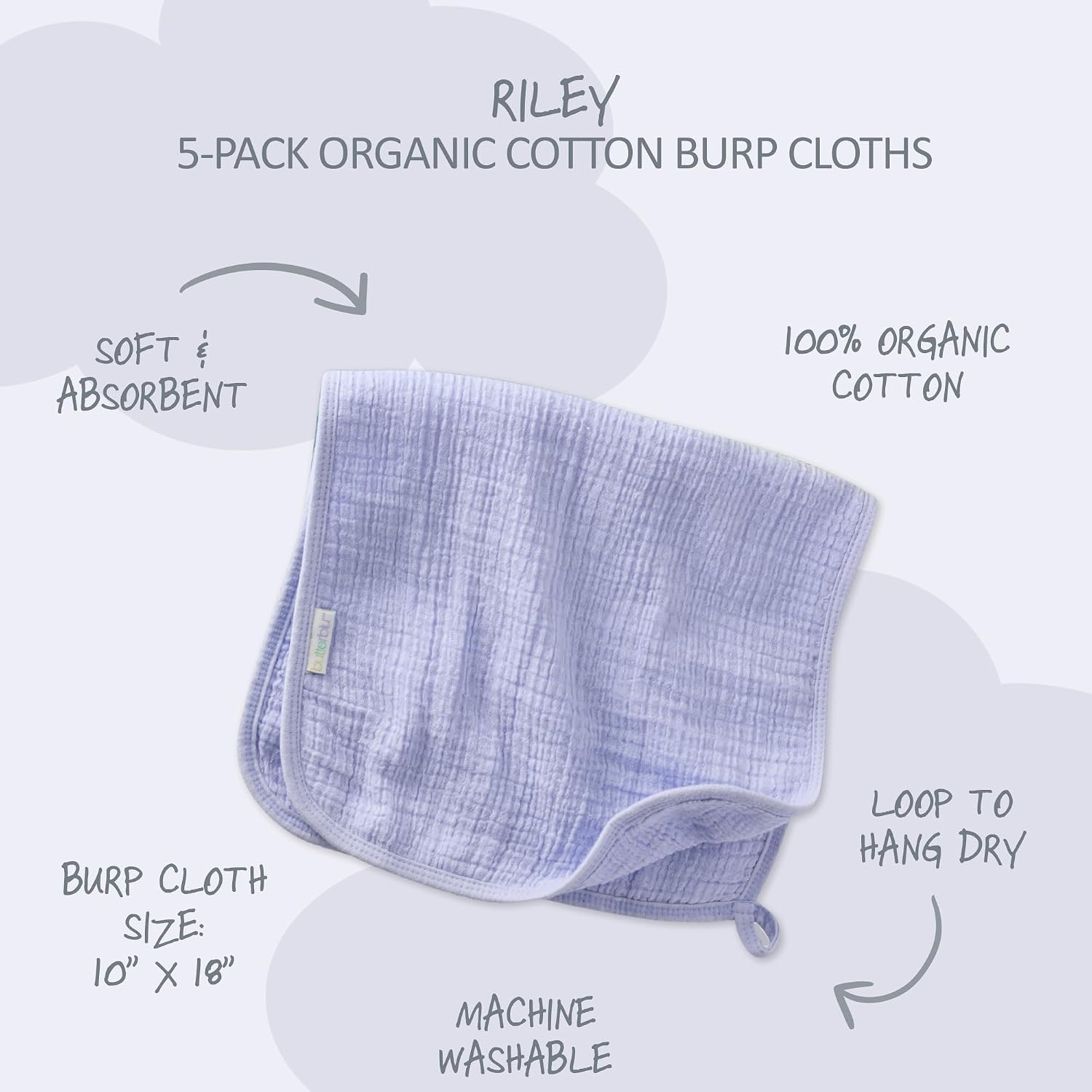 Butterblu Riley - Crinkle Burp Cloths, 5 Pack Muslin Burpcloths for Newborn Girls, Boys, Unisex, Frost, One Size - Image 2