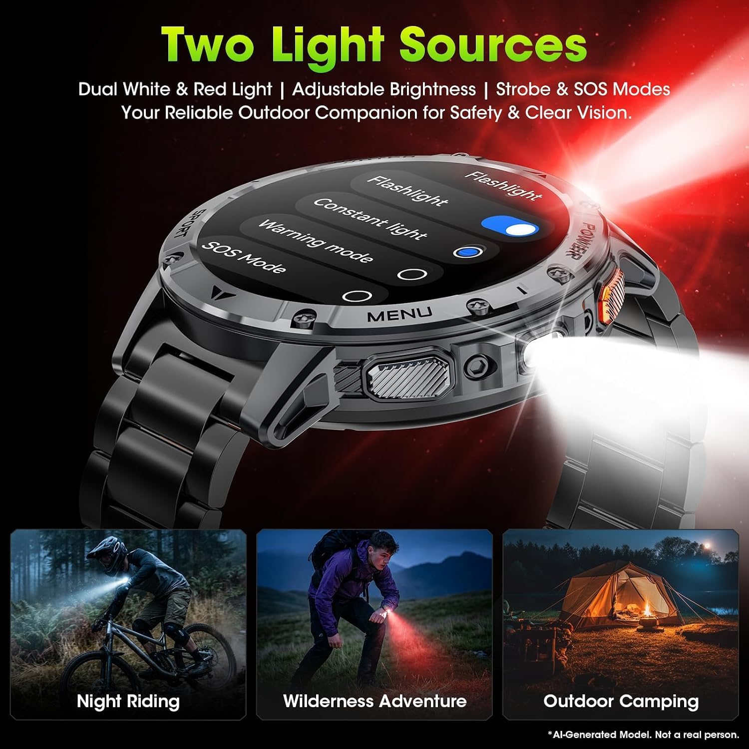 Military Smart Watches for Men, 1.7" HD Smart Watch with Two Flashlights/1400mAh/110+ Sports Modes Fitness Tracker Watch, Waterproof Mens Smart Watch for Android Phones iPhone Compatible(2 Strap) - Image 3
