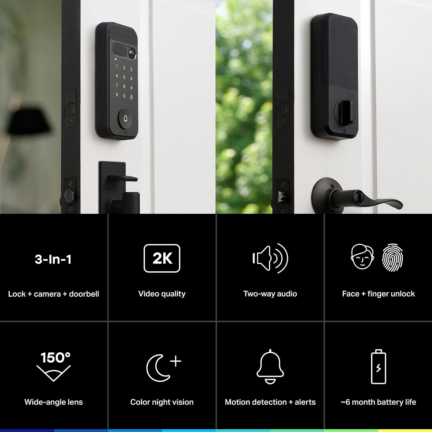 myQ Secure View™ 3-in-1 Smart Lock with 2K HDR Video Doorbell Camera, Face Access, Fingerprint Access, PIN & App Control — Intelligent Entry with Built-in Camera, Color Night Vision & Two-Way Audio - Image 2