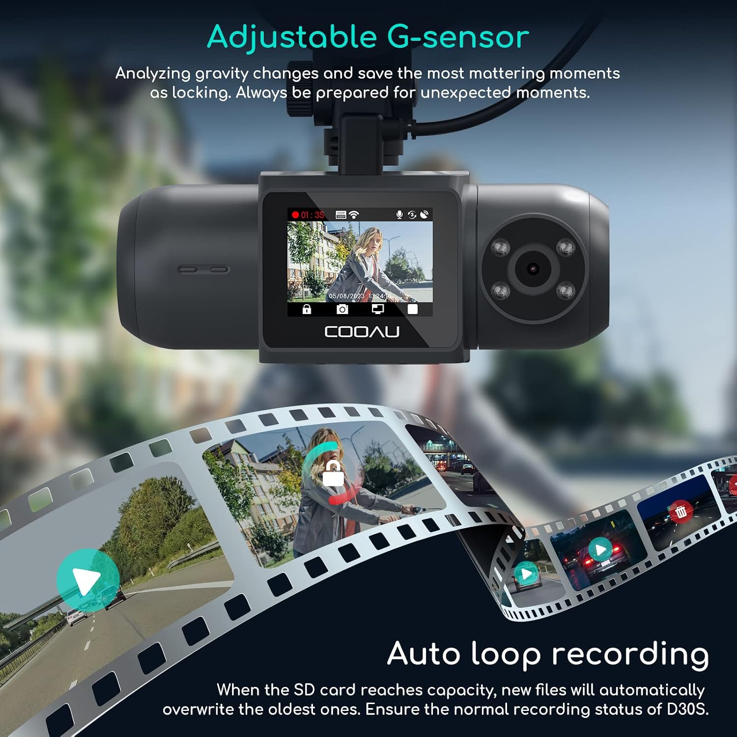 COOAU D30S 4K Dash Cam with GPS Wi-Fi, Front and Inside Dual 2.5K 1080P, Uber Car Camera with Infrared Night Vision, Supercapacitor, 4 IR LEDs, G-Sensor, Parking Mode, Loop Recording - Image 7