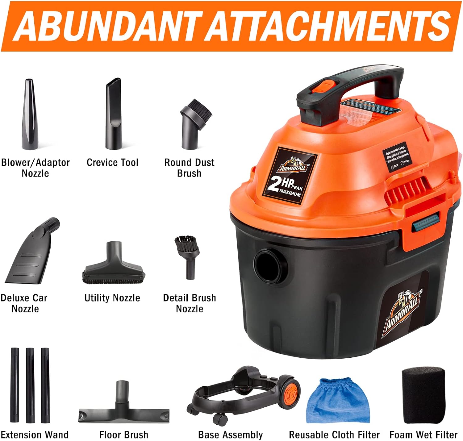 Armor All AA255W 2.5 Gal 2 Peak HP Wet/Dry Utility Vac Orange/Black - Image 4
