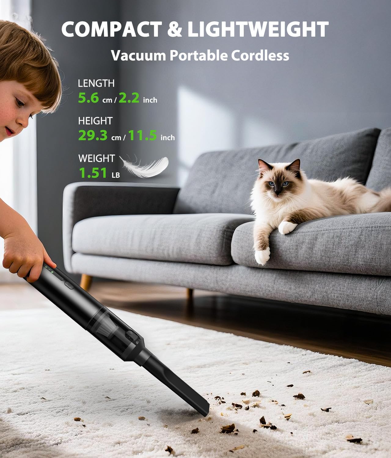 Car Vacuum Portable Cordless Handheld Vacuum Cleaner 4-in-1 Mini Cordless Vacuum with 2 Suction Modes and 16800pa Suction Power Blowing & Inflating 2 Modes Handheld Vacuum for Car, Desk, Keyboards - Image 7