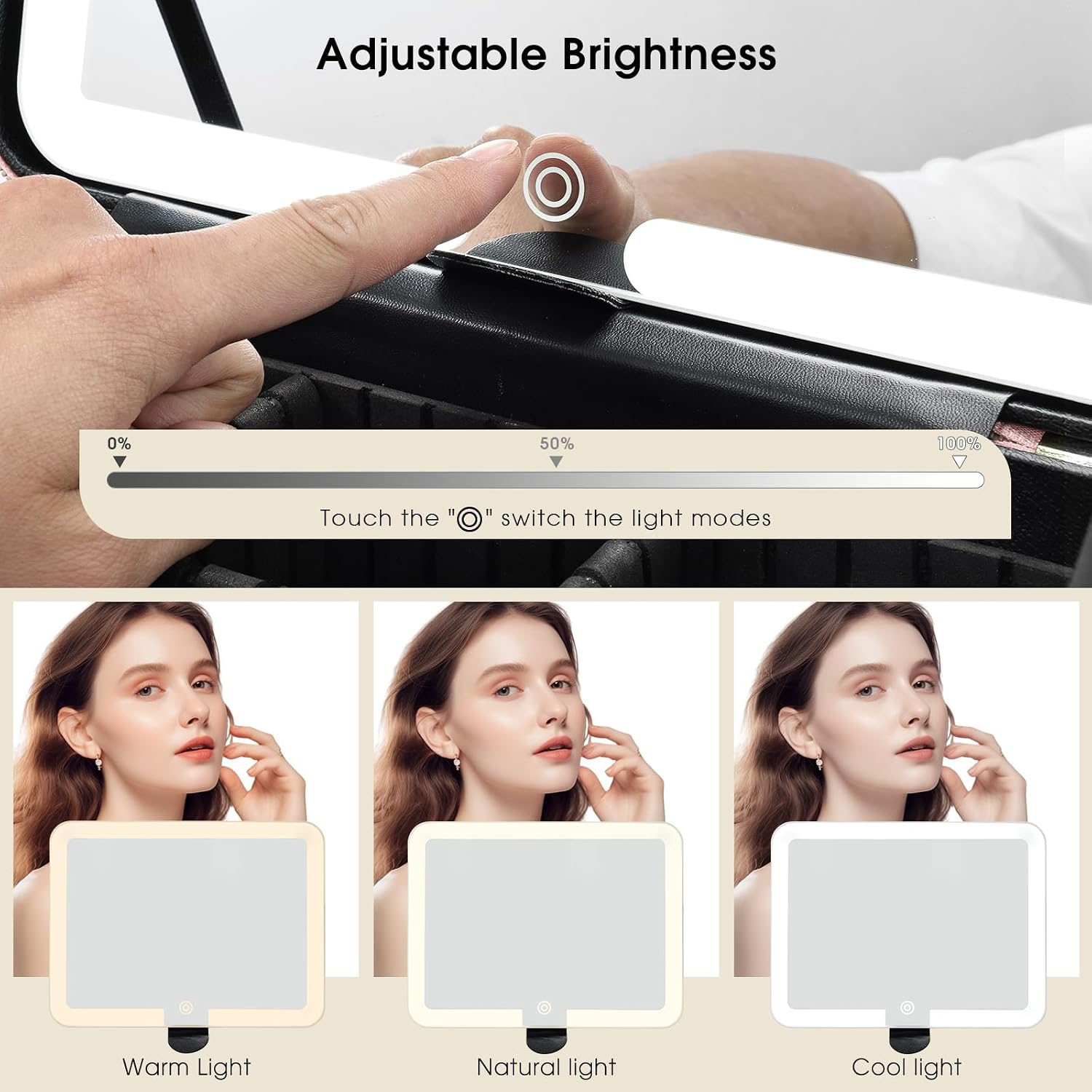 Faquenc Leather Makeup Case with LED Lighted Mirror 11.4 Inch Travel Makeup Bag Adjustable Brightness in 3 Colors Cosmetic Organizer Artist Storage Bag with Dividers Brush Holder Bag Vanity White - Image 7