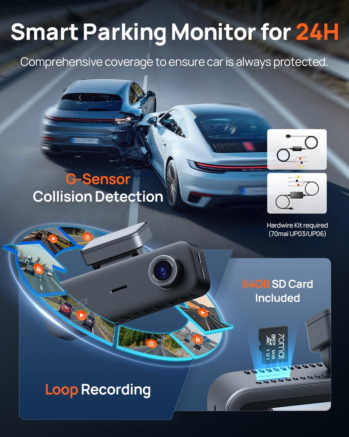 70mai 4K Dash Cam Front and Rear Inside, 3 Channel Car Dash Camera for Cars, Dashcam with GPS, Wi-Fi 6, Voice Control, Parking Monitor, Night Vision, Loop Recording, 64GB SD Card Included (T800E) - Image 6