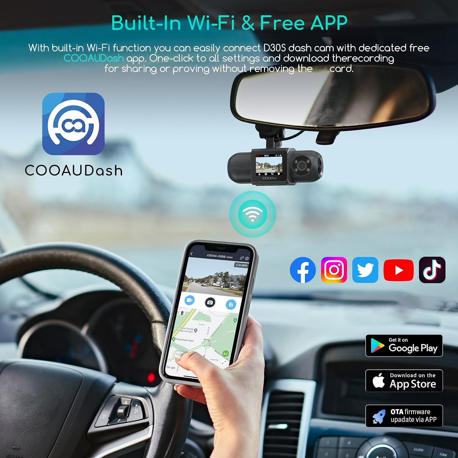 COOAU D30S 4K Dash Cam with GPS Wi-Fi, Front and Inside Dual 2.5K 1080P, Uber Car Camera with Infrared Night Vision, Supercapacitor, 4 IR LEDs, G-Sensor, Parking Mode, Loop Recording - Image 5