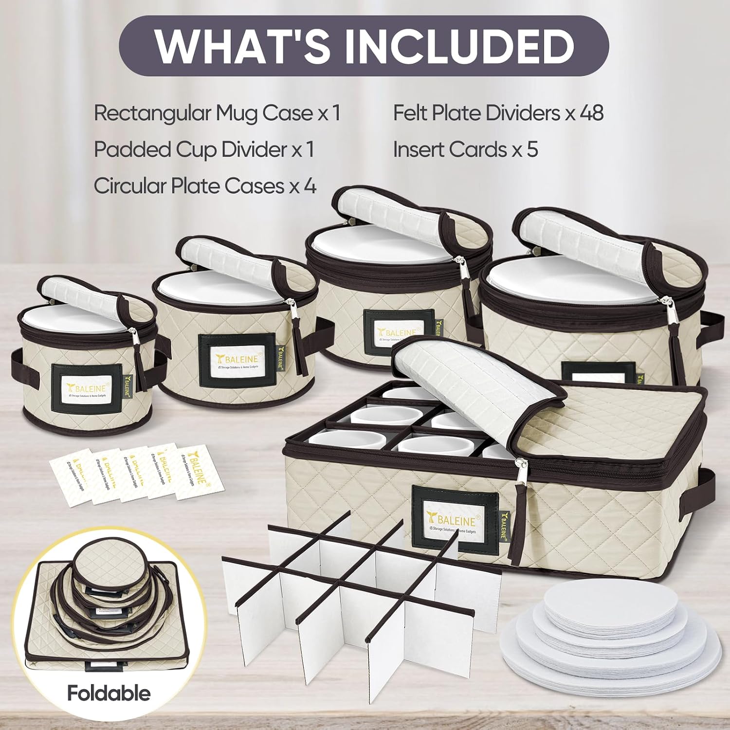 BALEINE China Storage Containers, Sturdy Quilted Wine Glass Storage, Plate Organizer with Carry Handles, Moving Boxes for Dishes, Cups, Mugs and Stemware (Plate Mug Combo, Soft Shell Cream) - Image 3