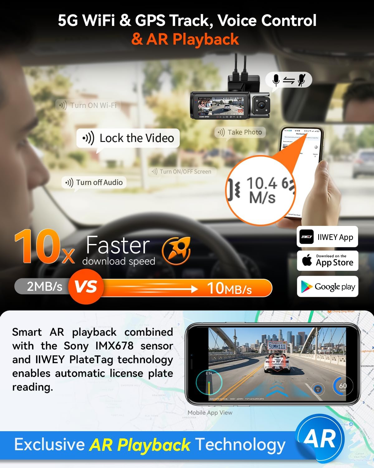 IIWEY 4K Dash Cam 3 Channel, Triple STARVIS 2 Sensors (IMX678 Front, IMX675 Cabin & Rear), 4K+2K+1080P HDR, Night Vision 3.0, PlateTag AI for Plate Clarity, 5GHz WiFi, GPS, Parking Mode, 128GB Card In - Image 4