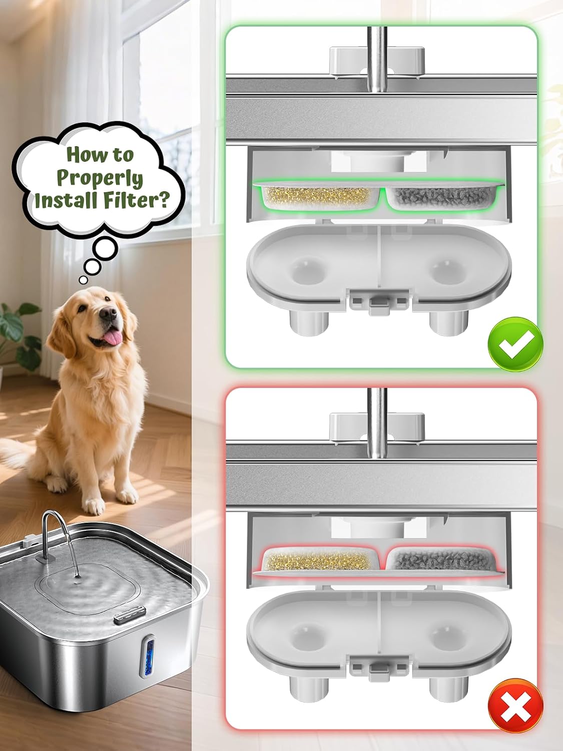 Large Dog Water Fountain 14L/3.7Gal, Stainless Steel Pet Fountain for Large Dogs and Multi-Pets, with Window & Extra Wide Drinking Area, Square Design Enlarges Capacity & Saves Space (Filters) - Image 4