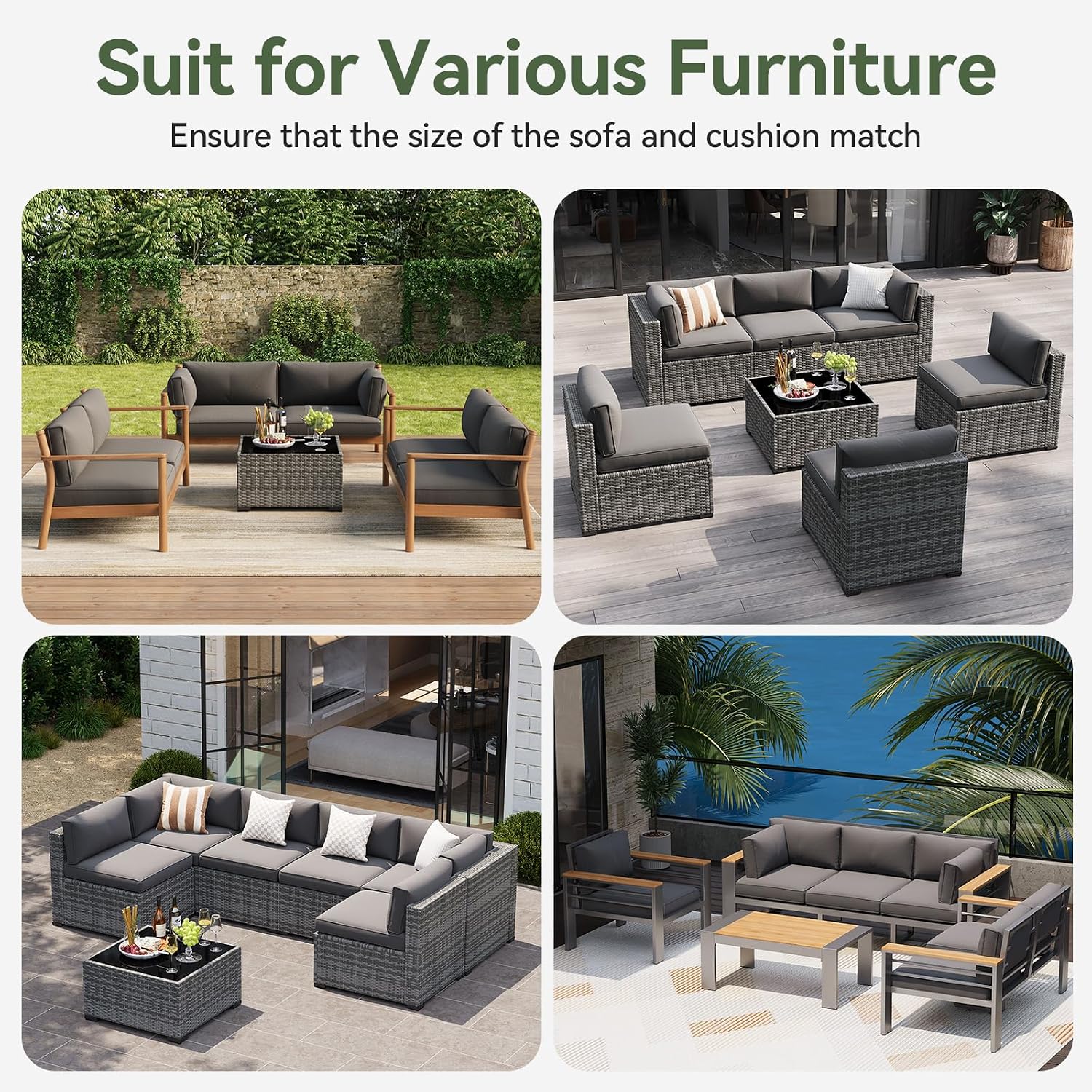 Aoxun Replacement Cushions for Outdoor Furniture, 14-Piece Outdoor Cushions for Patio Furniture, Deep Seat, Splash-Proof & Fade Resistant Couch Cushion for 6-Seat Patio Conversation Sets, Grey - Image 9