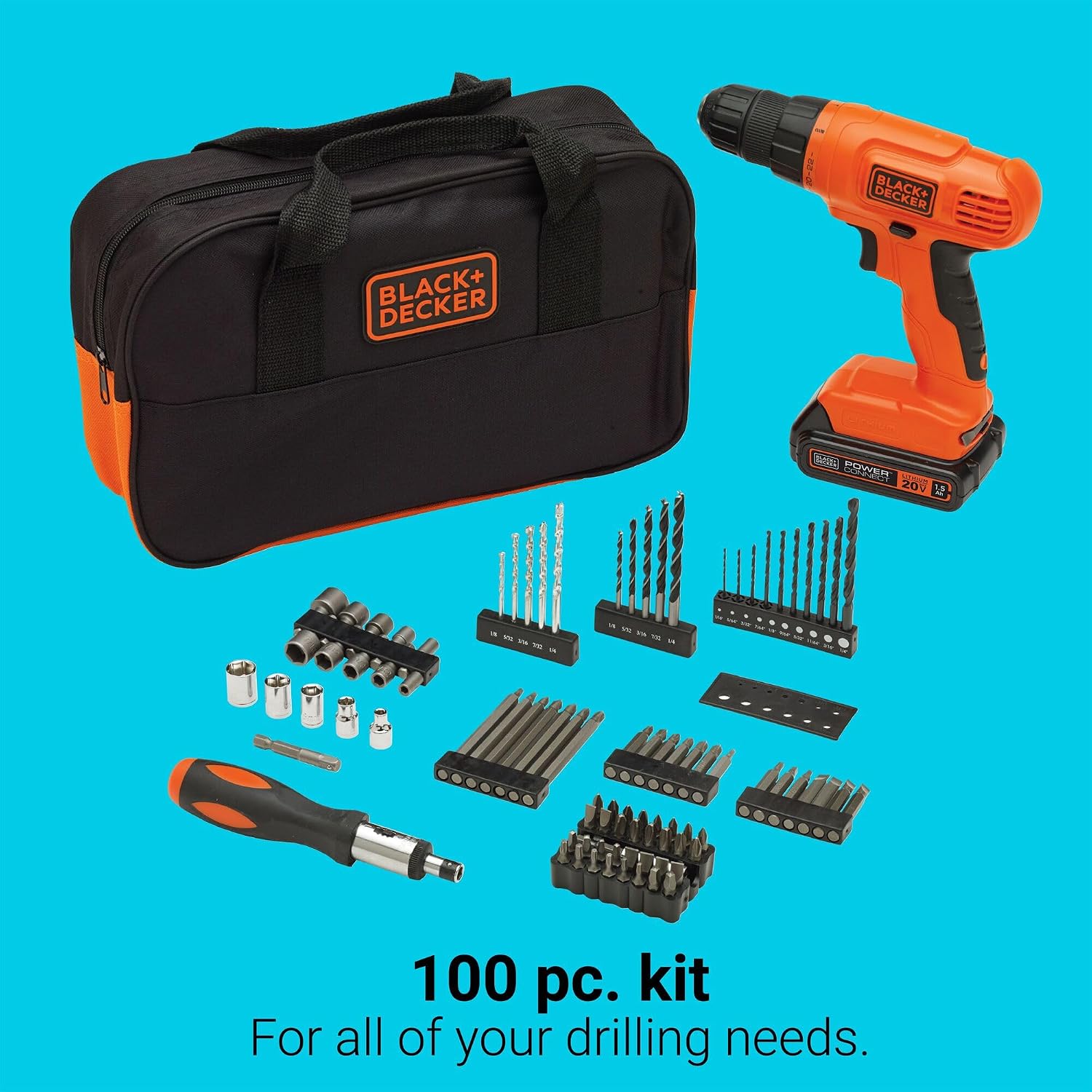 BLACK+DECKER 20V MAX* POWERCONNECT Cordless Drill Driver Kit with Drill Bit Set and Sockets, 100 pc. Tool Kit for Home, Battery and Charger Included, Orange (BDC120VA100) - Image 3