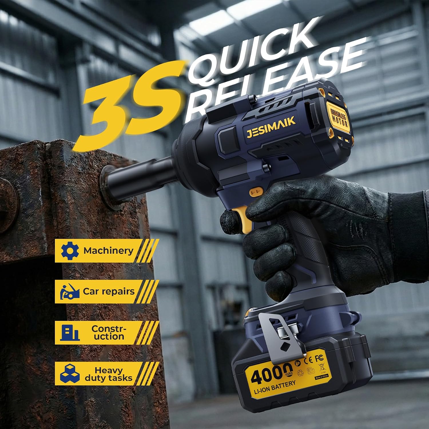 JESIMAIK Cordless Impact Wrench, 1475Ft-lbs (2000N.m) 1/2" Brushless High Torque Impact Wrench with 2×4.0Ah Batteries, Impact Gun with 4 Impact Modes & 5 Sockets for Truck RV Car Heavy Construction - Image 2