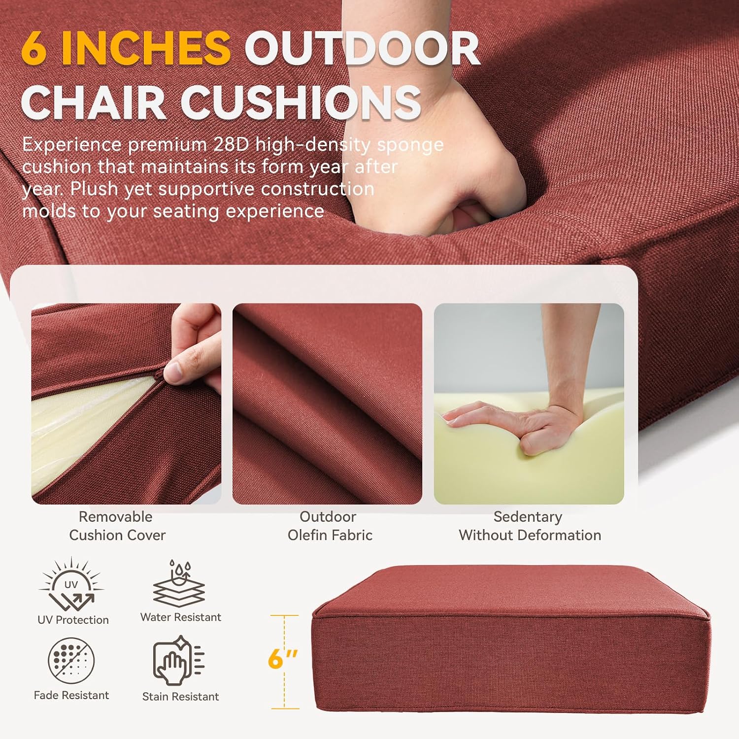 6" Thick Outdoor Chair Cushions - 22"* 24" Patio Furniture Cushions with Water Resistant & Removable Cover, 28D High Density Sponge Patio Cushion for Outdoor Furniture Couch Chair Red - Image 5