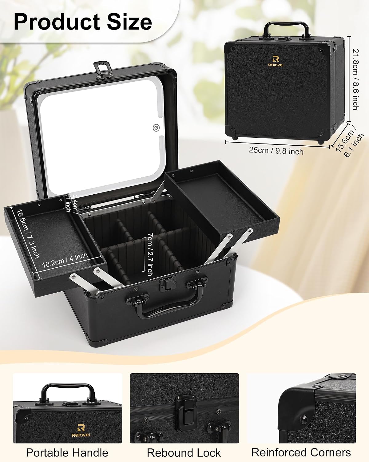 Chomeiu Hard Makeup Case with LED Mirror, Makeup Box Organizer with 2 Trays - Image 6