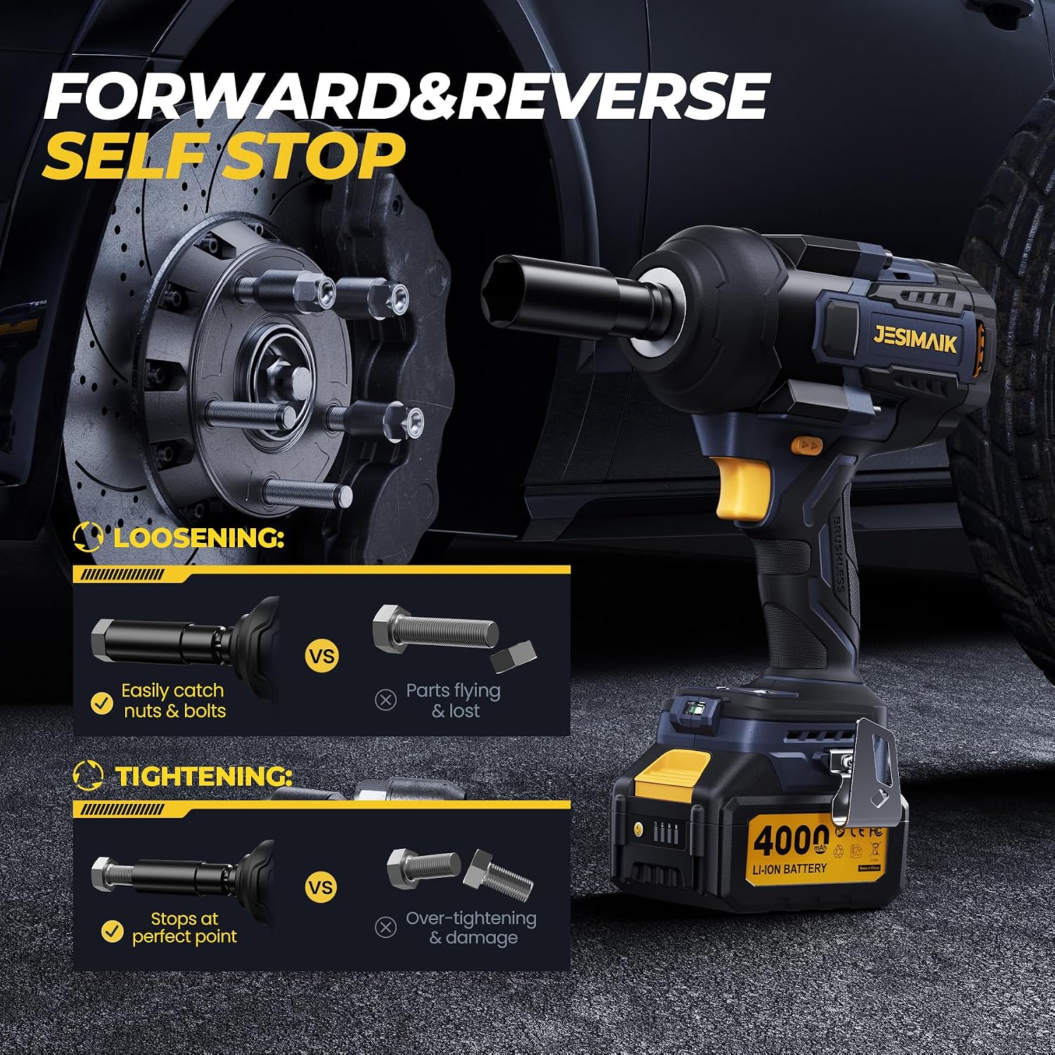 JESIMAIK Cordless Impact Wrench, 1475Ft-lbs (2000N.m) 1/2" Brushless High Torque Impact Wrench with 2×4.0Ah Batteries, Impact Gun with 4 Impact Modes & 5 Sockets for Truck RV Car Heavy Construction - Image 5
