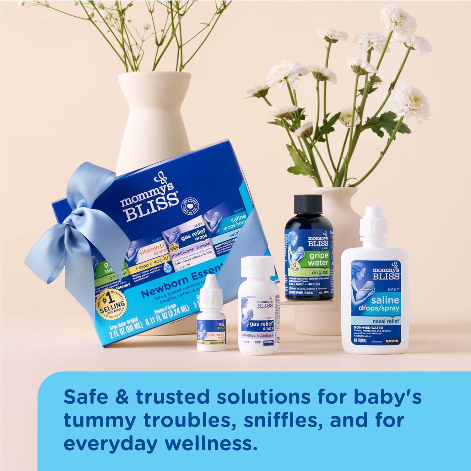 Mommy's Bliss 4-Piece Newborn and Baby Essentials Kit - with Gripe Water, Gas Relief Drops, Vitamin D 400IU, and Saline Drops/Spray - The Perfect Baby Gift. - Image 4