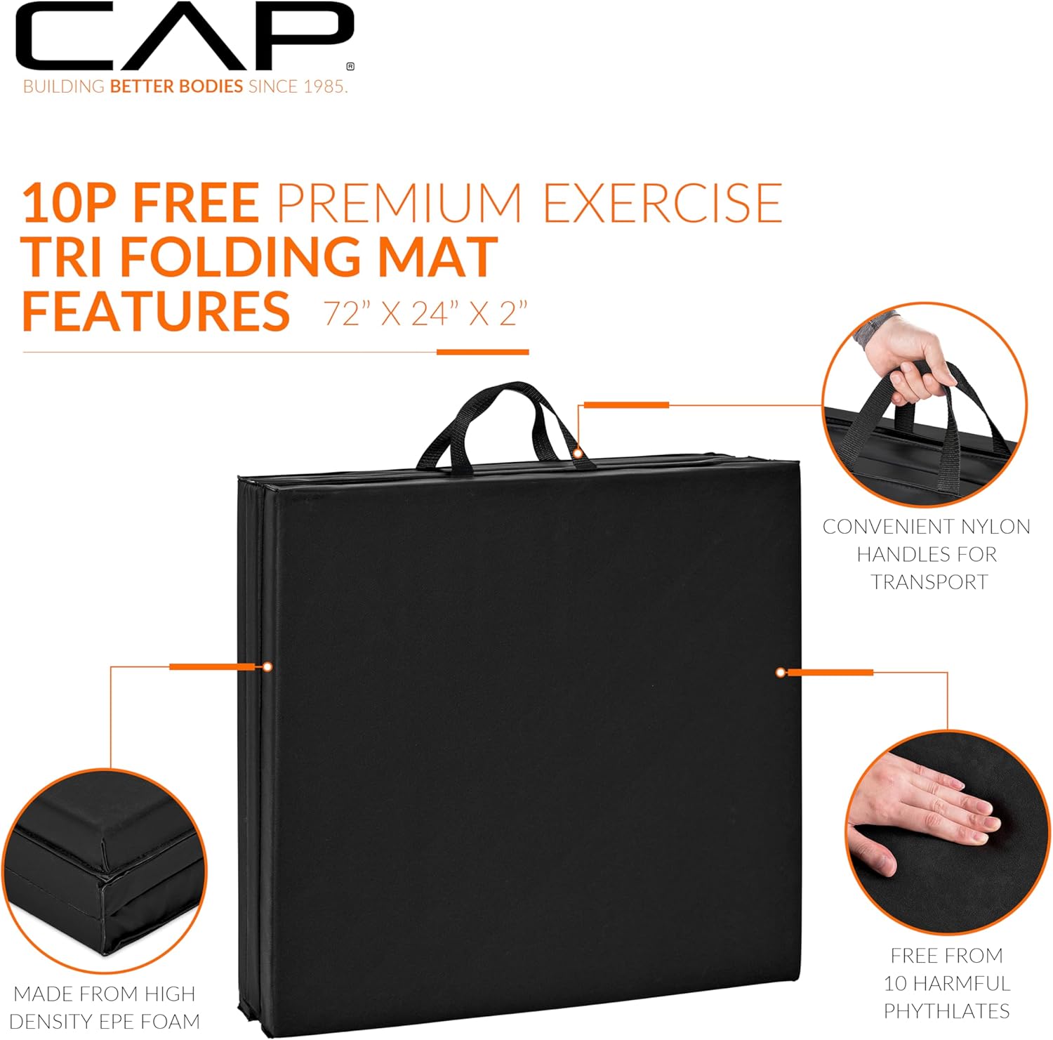CAP Barbell Folding Exercise Mat – Durable, Anti-Tear, Thick Padding for Fitness, Aerobics, Gymnastics & Home Workouts. 72"L x 24"W x 2"Thick. BLACK - Image 3