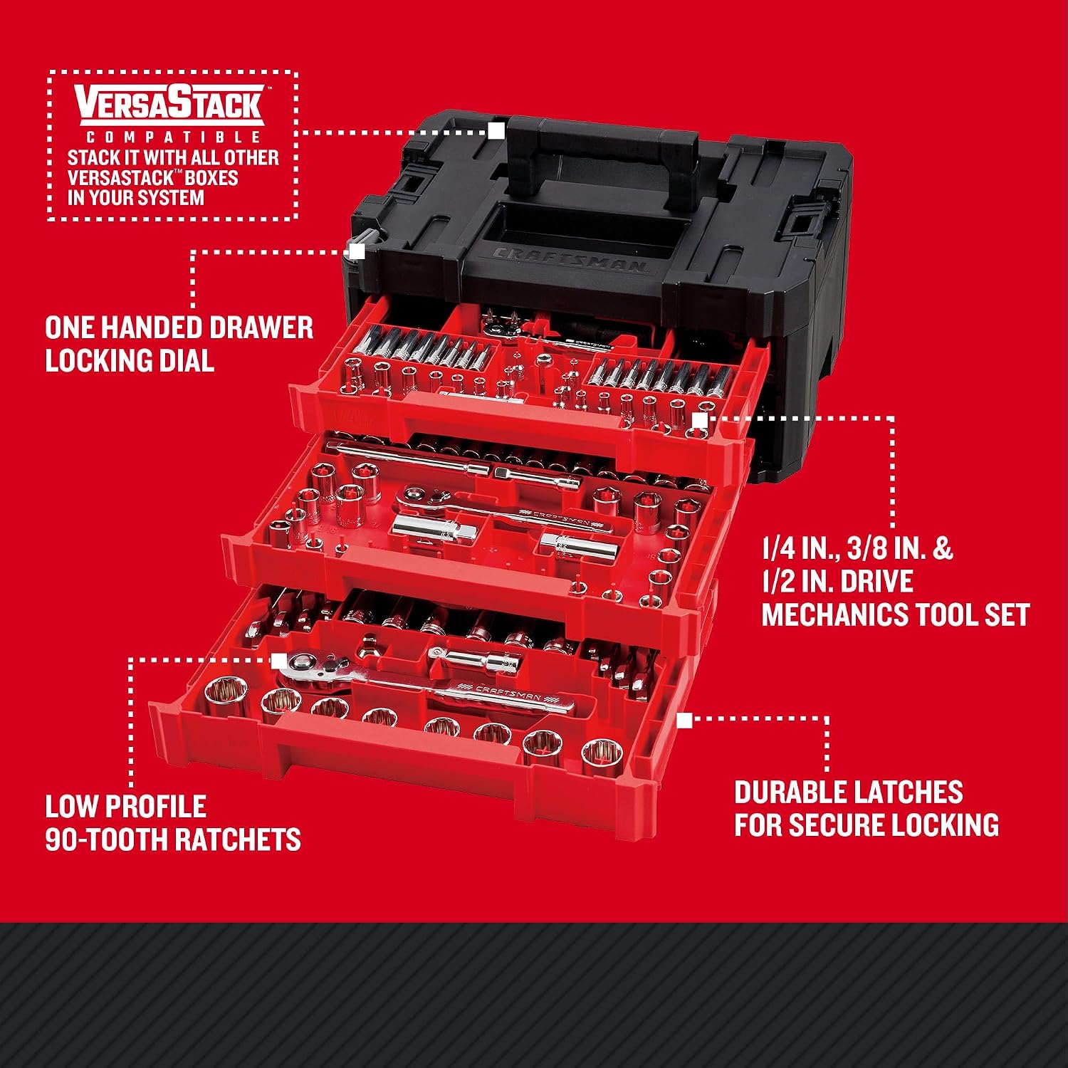 Craftsman 262-Piece Mechanic Tool Set with 3-Drawer VERSASTACK Box, SAE and Metric Socket Set, Car and Motorcycle Tool Kit with Combination Wrenches and Spark Plug Sockets, 90-Tooth (CMMT45309) - Image 3