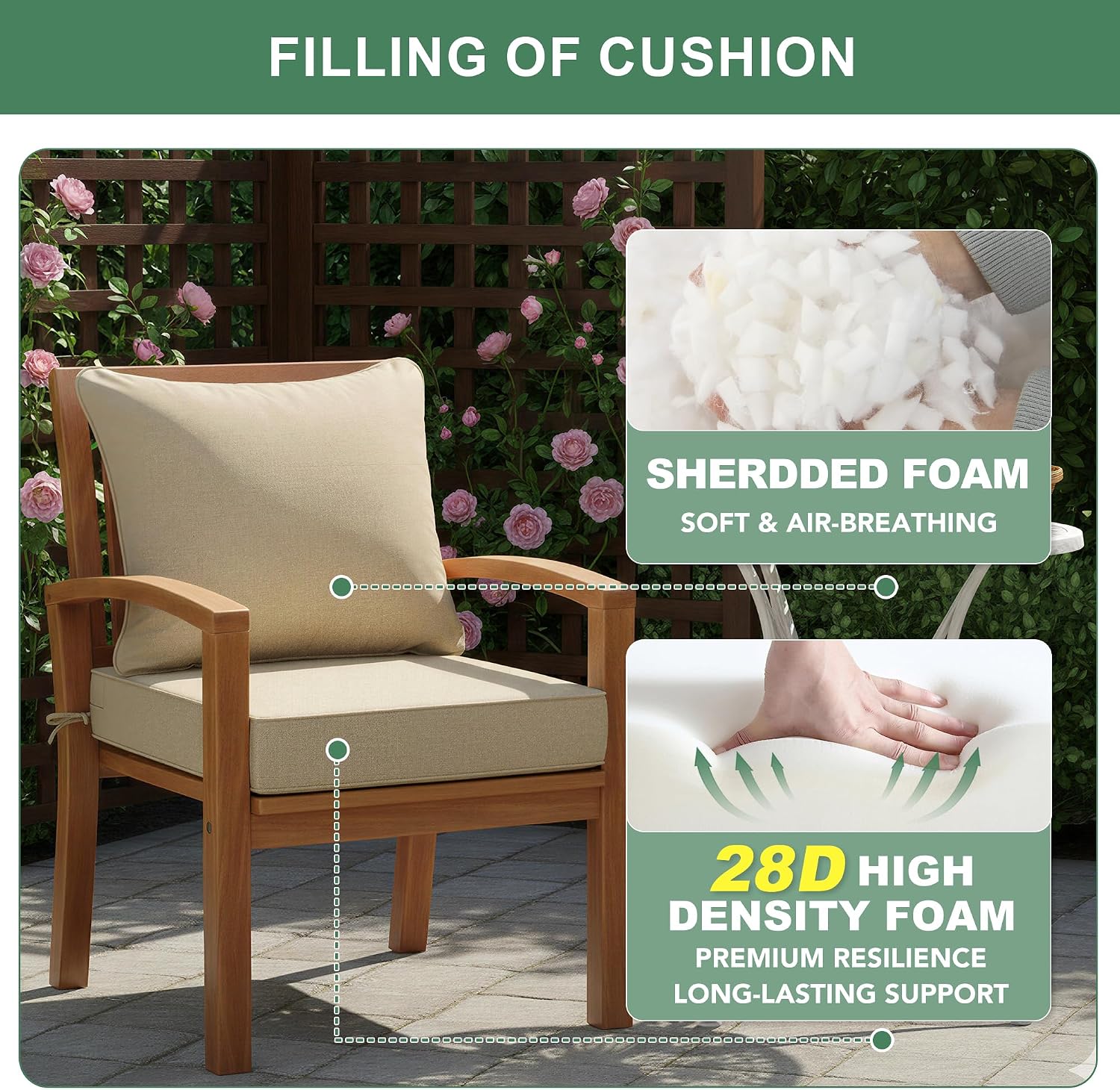 Summsun Outdoor Chair Cushions Set of 4, Faux Linen Patio Furniture Cushions, Water Resistant Backrest and Deep Seat Cushion Set with Ties, Removable Cover, Non-Slip Bottom, 24 x 24 Inch, Nature - Image 6