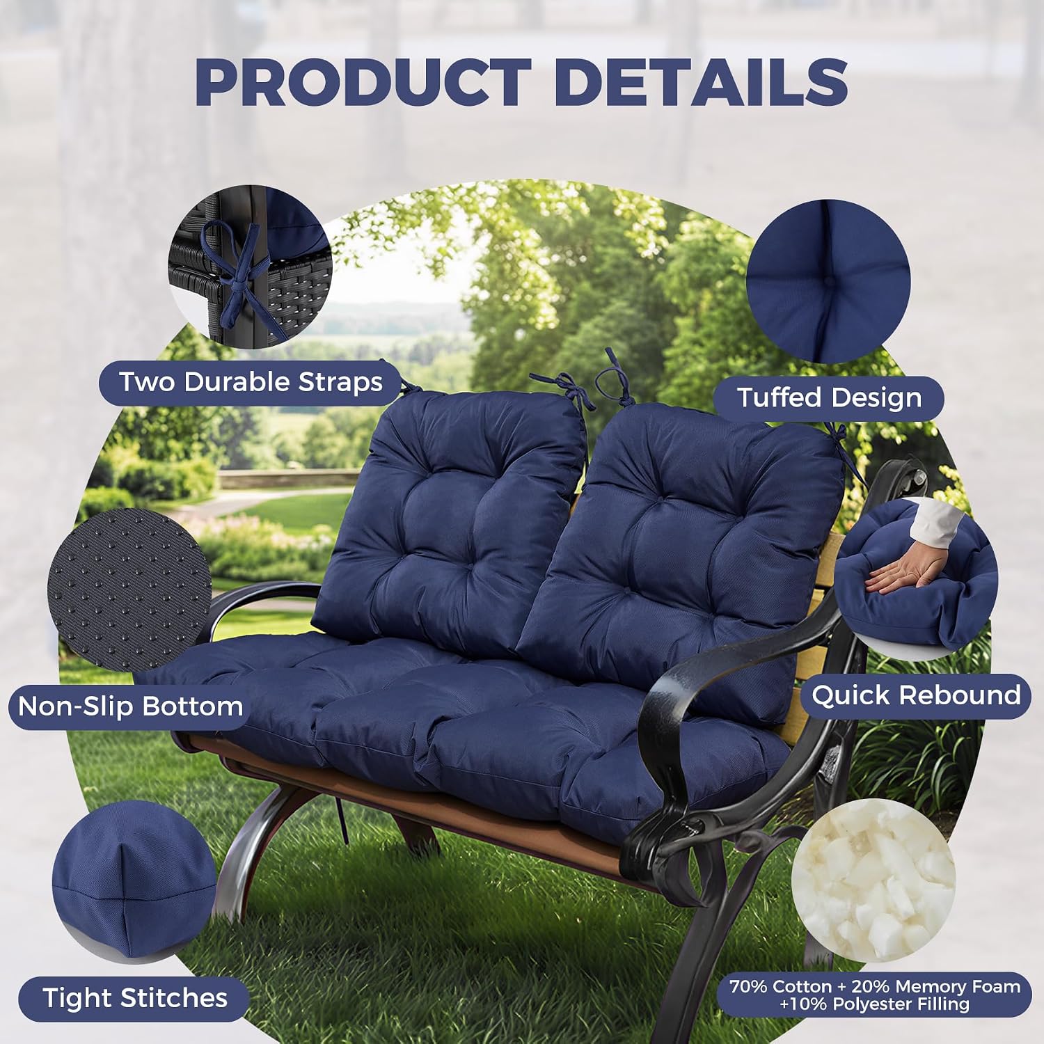 Wicker Chair Cushions of 3 Pieces, Waterproof Cushions for Patio Furniture, Tufted Wicker Outdoor Furniture Cushions, 1 Patio Loveseat Cushion and 2 U-Shaped Cushions, 44"x19"x5", Navy Blue - Image 4