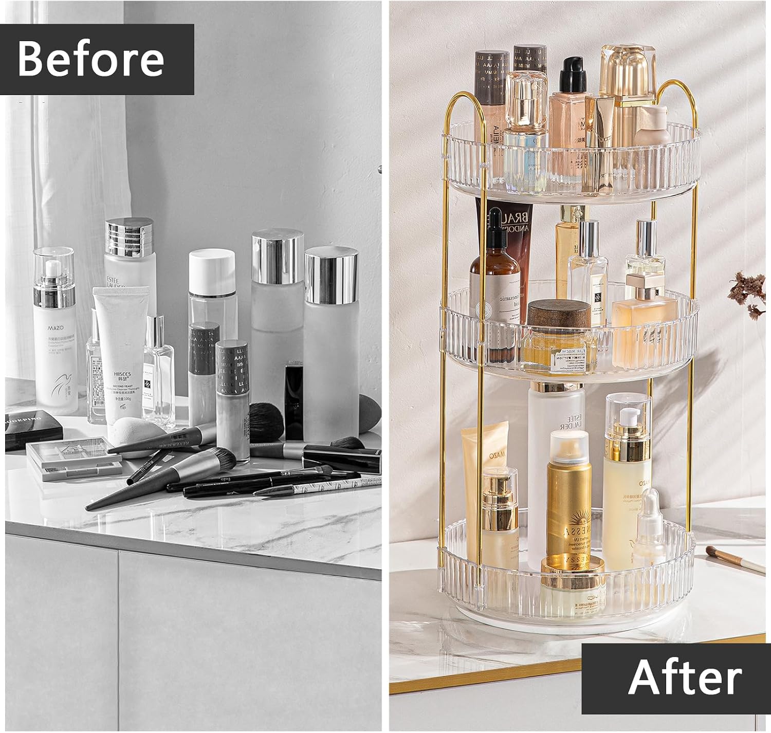 shuang qing Rotating Makeup Organizer for Vanity, Large Capacity Skincare Perfume Storage, Bathroom Counter Organizer, 360 Spinning Cosmetic Dresser Countertop Organizers (Clear, 3 Tier) - Image 4
