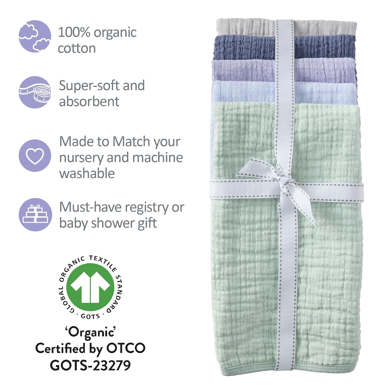 Butterblu Riley - Crinkle Burp Cloths, 5 Pack Muslin Burpcloths for Newborn Girls, Boys, Unisex, Frost, One Size - Image 8