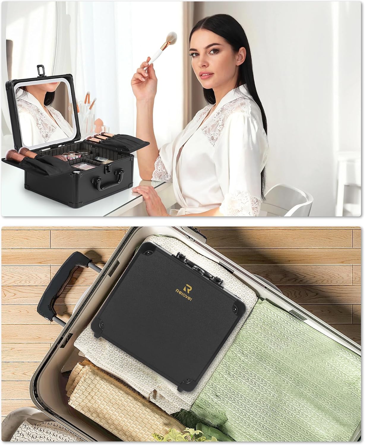 Relavel Makeup Bag with LED Mirror, Makeup Box Travel Train Case with Rechargeable Lighted Mirror & Adjustable Dividers, Cosmetic Brush Organizer Storage for Makeup Artists Gifts for Women and Girls - Image 8