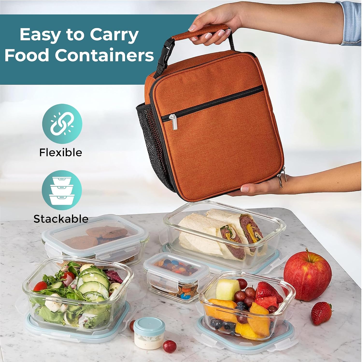 Razab 35 Pc Set Glass Food Storage Containers with Lids - Meal Prep Airtight Bento Boxes BPA-Free 100% Leak Proof (15 lids,15 glass & 5 Plastic Sauce/Dip Containers) - Image 7