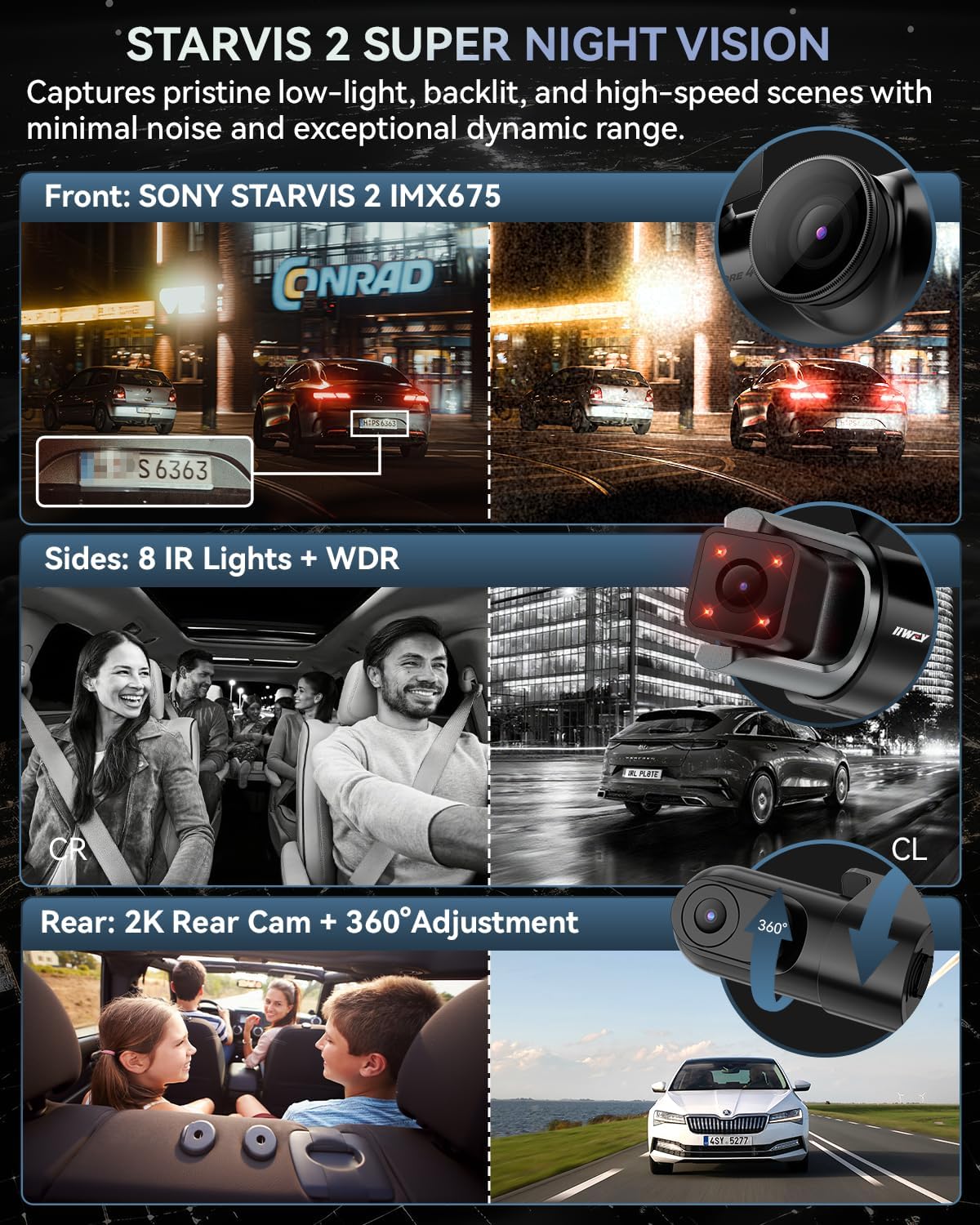 IIWEY 4 Channel Dash Cam 360° View, STARVIS 2 Front 2.7K Rear 2K Inside 1080P x2, 8IR LEDs Night Vision 3.0, PlateTag AI for Plate Clarity, 5GHz WiFi GPS, Voice Control, 24/7 Parking Mode, 128GB Card - Image 3