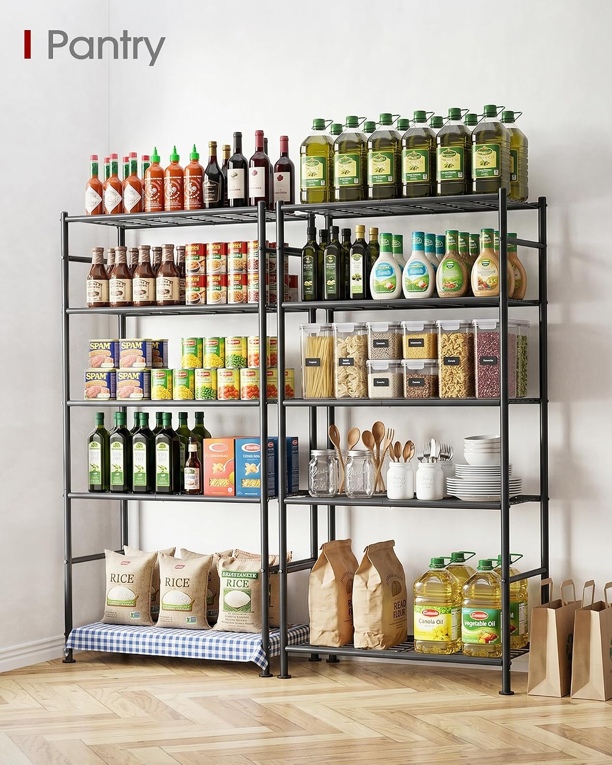 Sakugi Storage Shelves - 5 Tier Shelf Organizer, Heavy Duty Garage Shelving Unit with Leveling Feet, Stable Metal Shelves Organizer for Pantry, Kitchen and Closet, 33.0" W x 12.6" D x 72.0" H, Black - Image 2