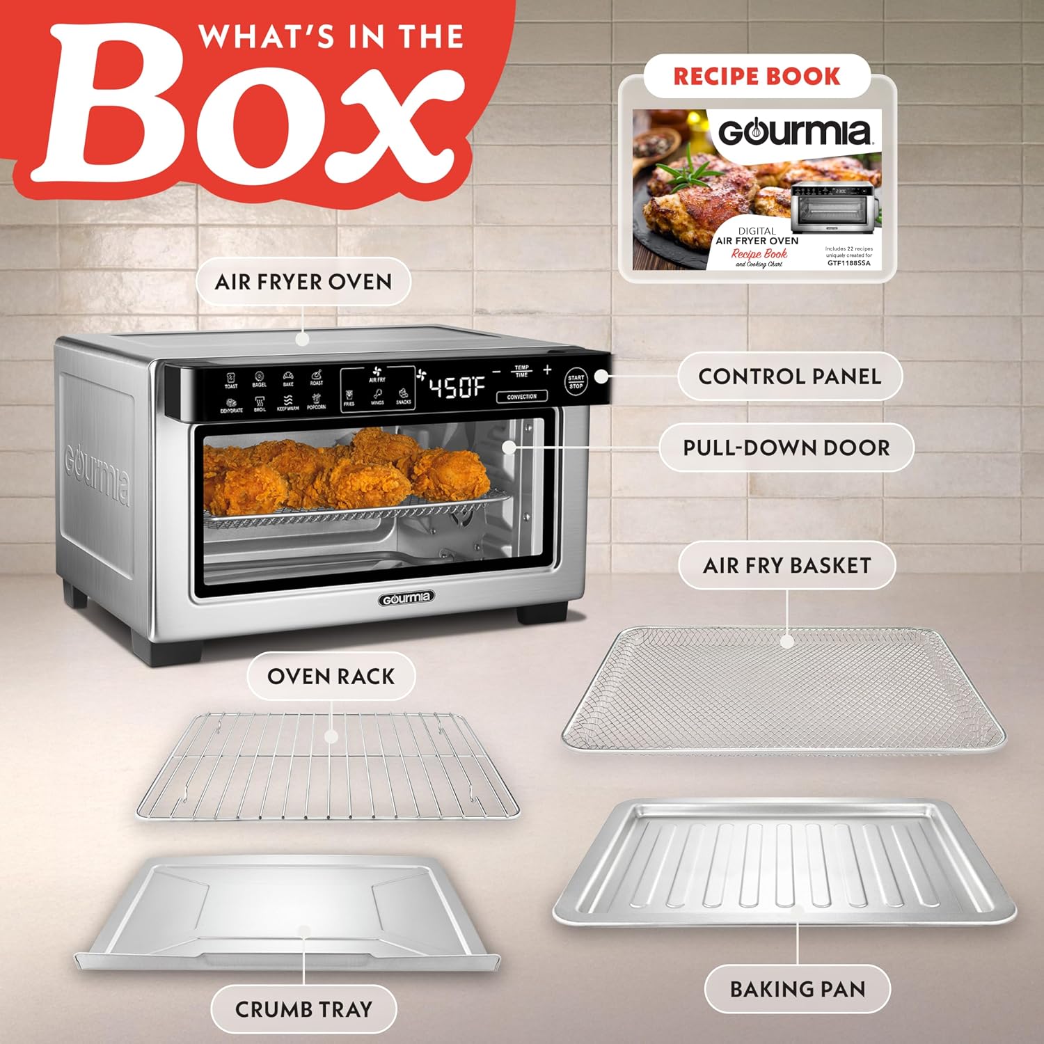 Gourmia Toaster Oven Air Fryer - 4 Slice Capacity, Single Door, Digital Display, Air Fry, Toast & Dehydrate, Convection Cooking, Fits 8” Pizza, 3 Rack Positions, Dishwasher-Safe Trays, Stainless Steel - Image 4