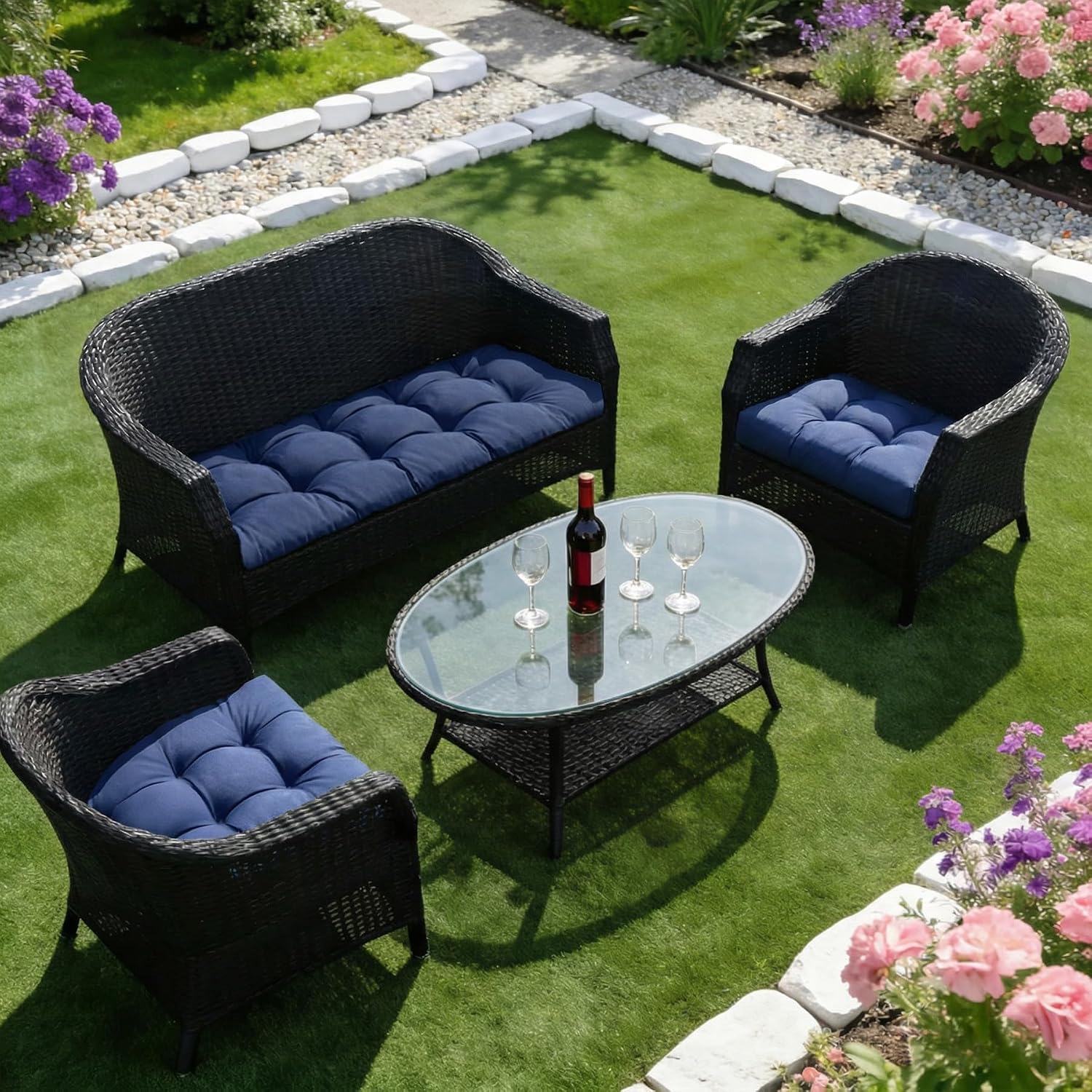 Wicker Chair Cushions of 3 Pieces, Waterproof Cushions for Patio Furniture, Tufted Wicker Outdoor Furniture Cushions, 1 Patio Loveseat Cushion and 2 U-Shaped Cushions, 44"x19"x5", Navy Blue - Image 6