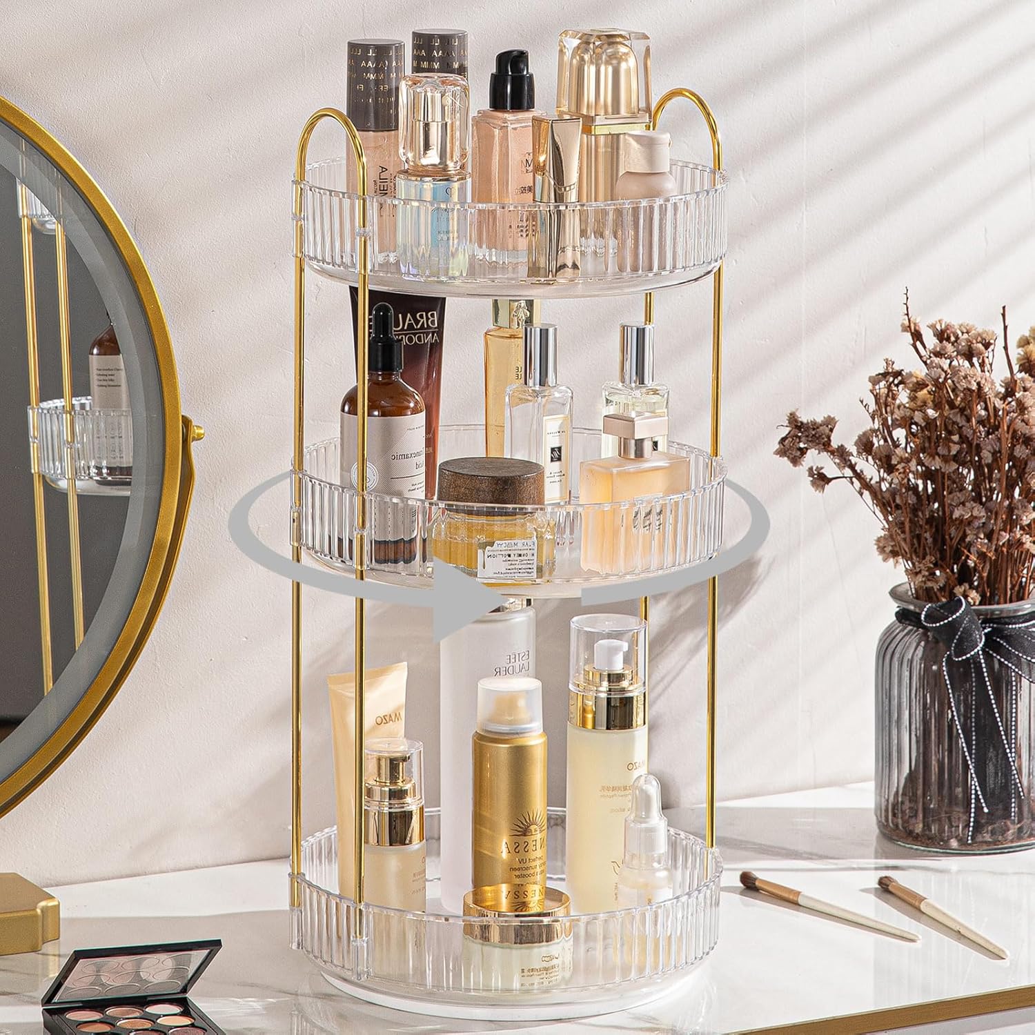 shuang qing Rotating Makeup Organizer for Vanity, Large Capacity Skincare Perfume Storage, Bathroom Counter Organizer, 360 Spinning Cosmetic Dresser Countertop Organizers (Clear, 3 Tier)