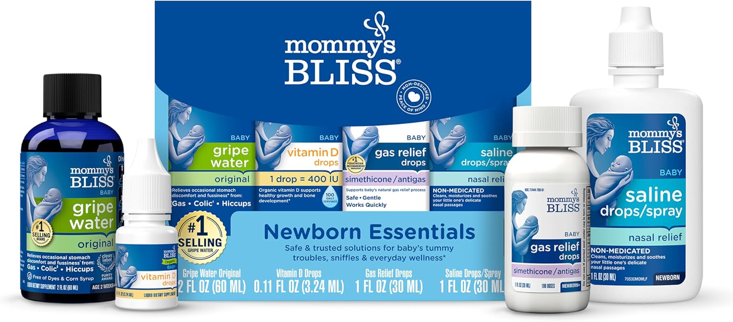 Mommy's Bliss 4-Piece Newborn and Baby Essentials Kit - with Gripe Water, Gas Relief Drops, Vitamin D 400IU, and Saline Drops/Spray - The Perfect Baby Gift.