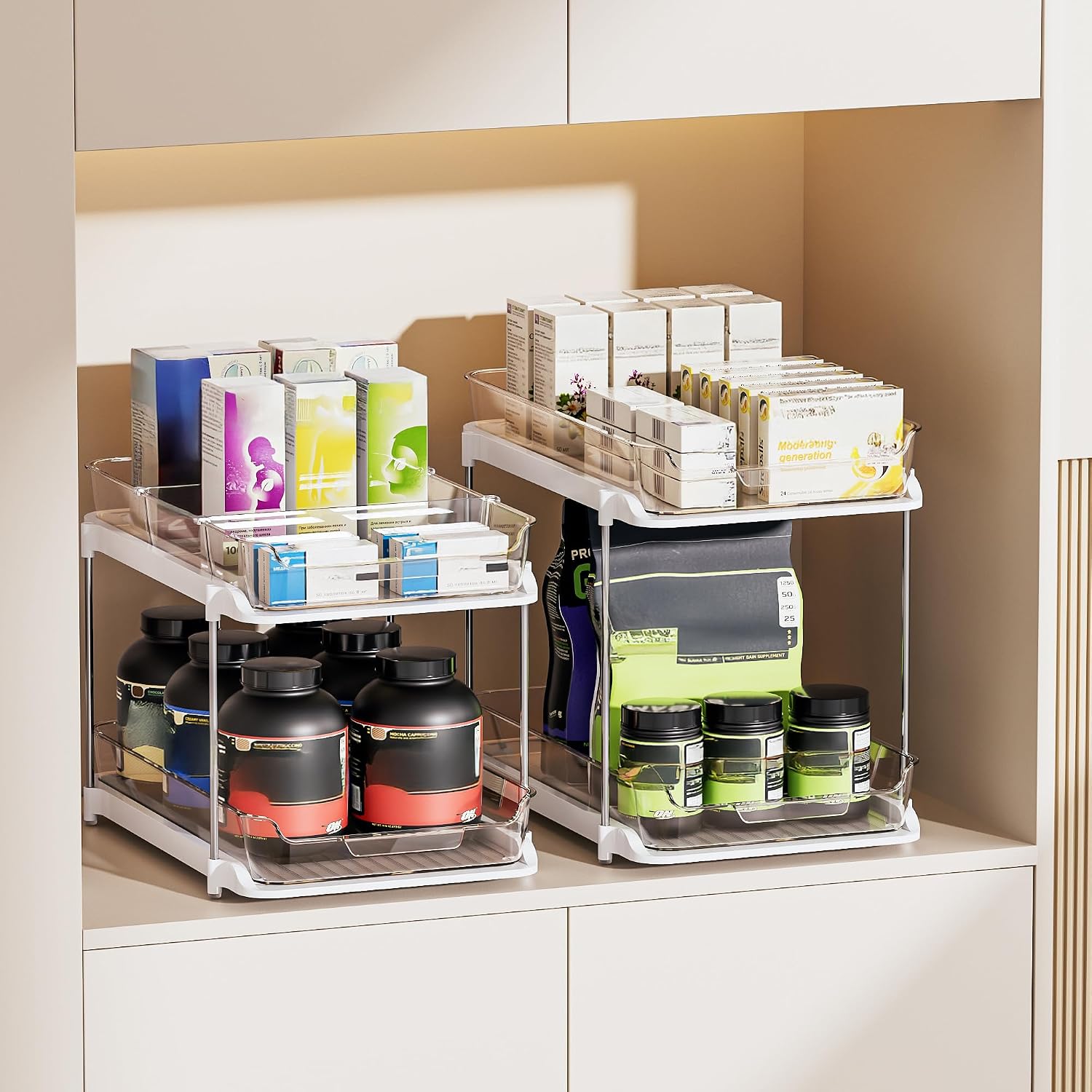 Delamu 2-Tier Multi-Purpose Bathroom Under Sink Organizers and Storage, Stackable Kitchen Pantry Organization, Pull Out Medicine Cabinet Organizer with Movable Dividers, White, 2 Pack - Image 6