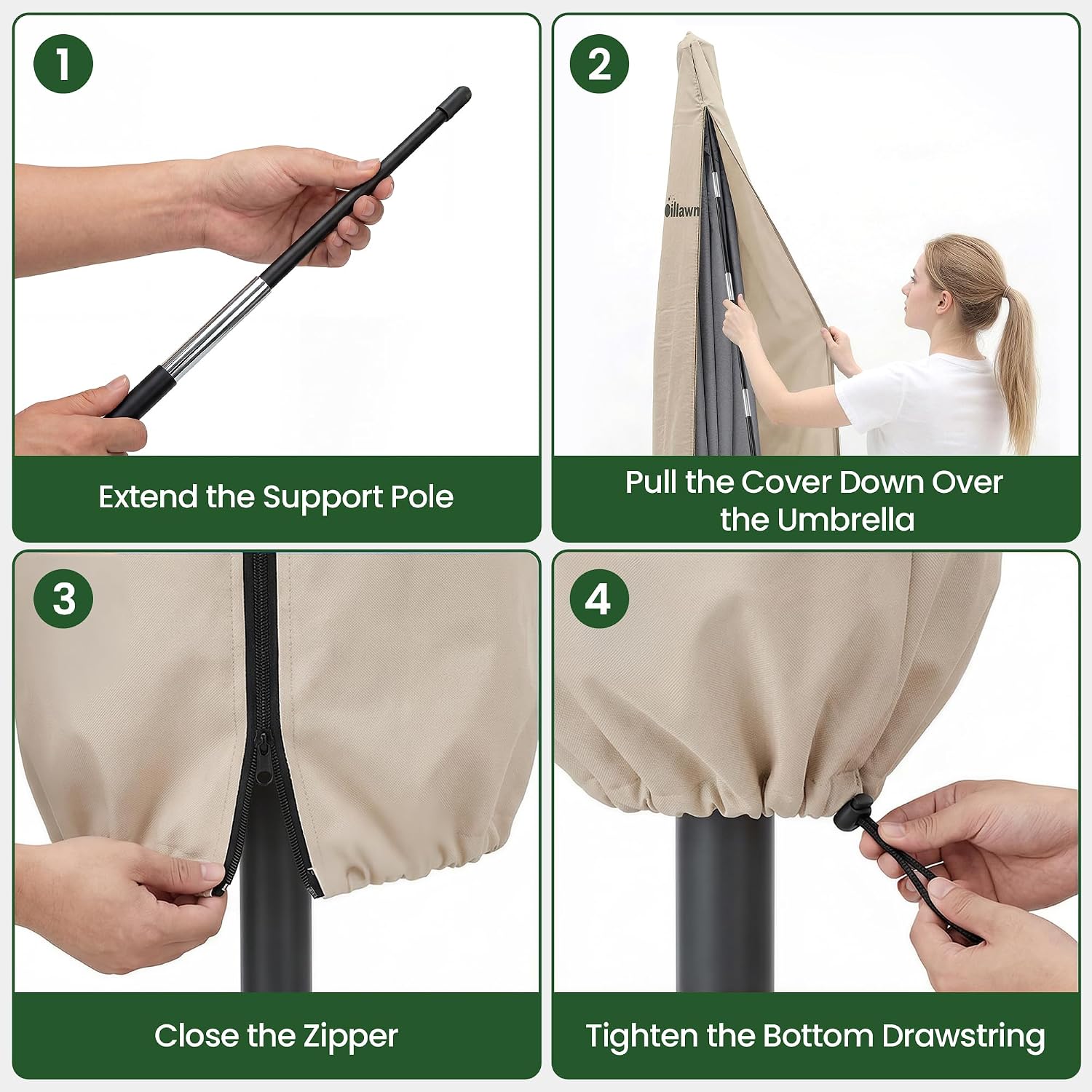 OLILAWN 600D Waterproof Umbrella Cover for 7-12ft Cantilever Umbrellas OL-HT039 OL-HT040, UV Resistant Fade Resistant Outdoor Parasol Cover for Patio, Includes Rod and Storage Bag, Beige - Image 5