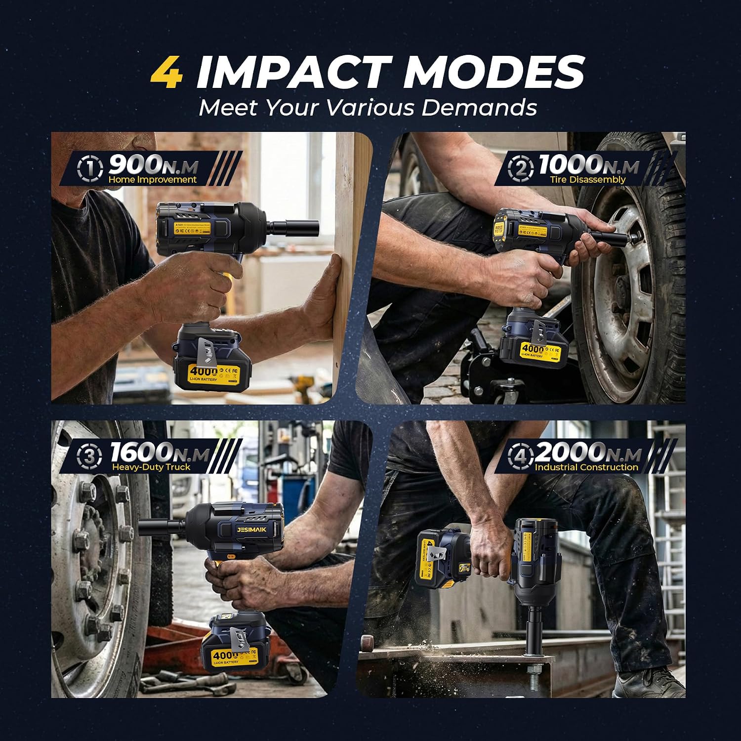JESIMAIK Cordless Impact Wrench, 1475Ft-lbs (2000N.m) 1/2" Brushless High Torque Impact Wrench with 2×4.0Ah Batteries, Impact Gun with 4 Impact Modes & 5 Sockets for Truck RV Car Heavy Construction - Image 4