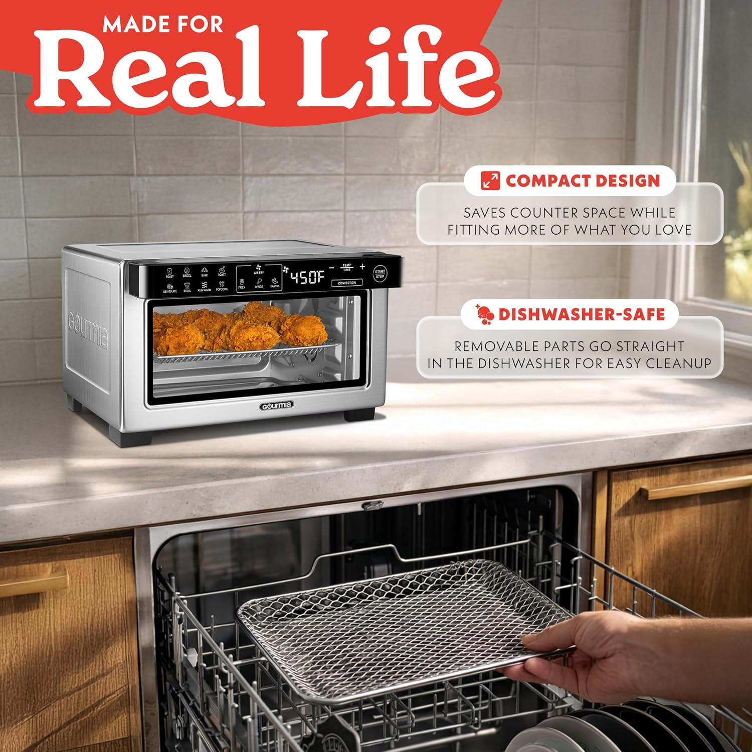 Gourmia Toaster Oven Air Fryer - 4 Slice Capacity, Single Door, Digital Display, Air Fry, Toast & Dehydrate, Convection Cooking, Fits 8” Pizza, 3 Rack Positions, Dishwasher-Safe Trays, Stainless Steel - Image 6