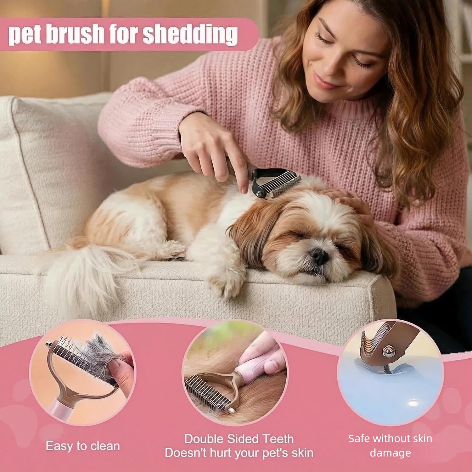 12PCS Dog Bath Kit & Dog Brush Kit for Dogs & Cats - Professional Pet Grooming Tools Set with Shedding Brush, Bath Scrubber, Dematting Comb & Storage Bag - Complete Dog Washing Essentials, Pink - Image 4