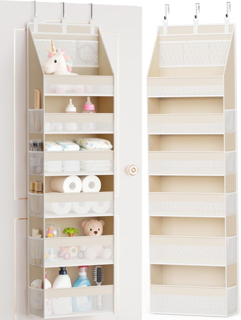 Criusia Over the Door Organizer, 6-Shelf Closet Hanging Storage with 13 Mesh Pockets, 55lbs Capacity Behind the Door Storage for Baby Nursery, Bathroom, Bedroom, and Dorm, Beige