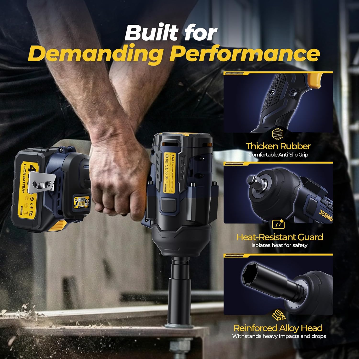 JESIMAIK Cordless Impact Wrench, 1475Ft-lbs (2000N.m) 1/2" Brushless High Torque Impact Wrench with 2×4.0Ah Batteries, Impact Gun with 4 Impact Modes & 5 Sockets for Truck RV Car Heavy Construction - Image 6