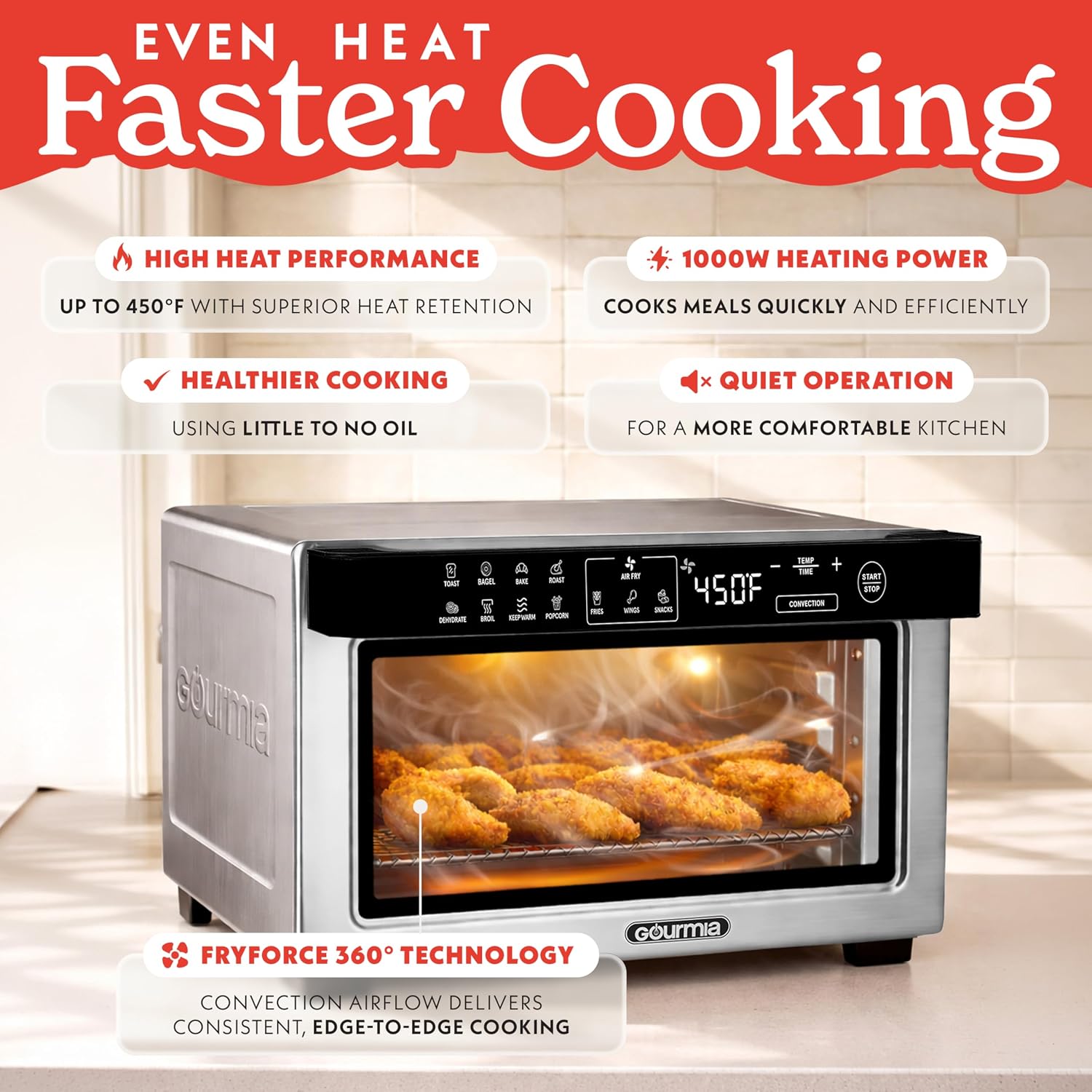 Gourmia Toaster Oven Air Fryer - 4 Slice Capacity, Single Door, Digital Display, Air Fry, Toast & Dehydrate, Convection Cooking, Fits 8” Pizza, 3 Rack Positions, Dishwasher-Safe Trays, Stainless Steel - Image 3