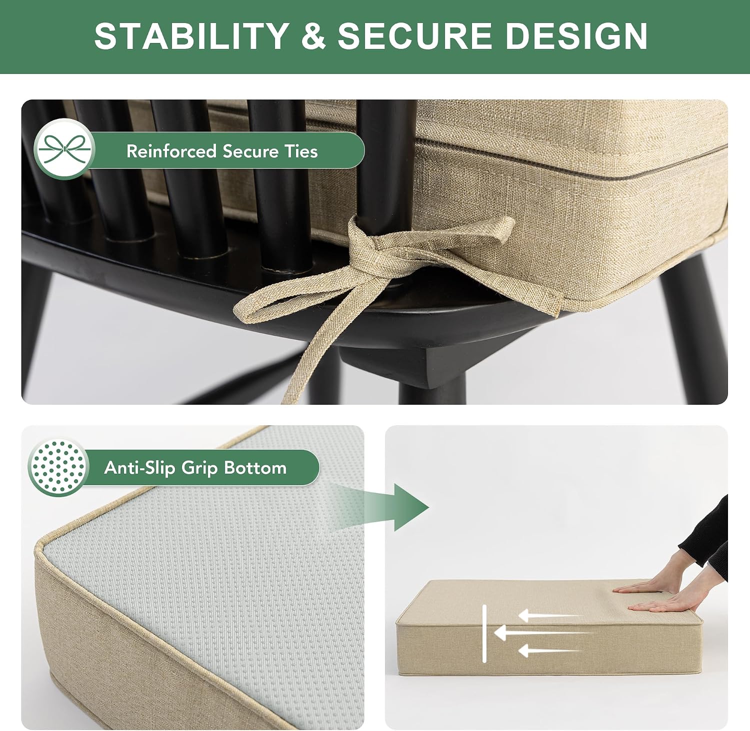 Summsun Outdoor Chair Cushions Set of 4, Faux Linen Patio Furniture Cushions, Water Resistant Backrest and Deep Seat Cushion Set with Ties, Removable Cover, Non-Slip Bottom, 24 x 24 Inch, Nature - Image 4