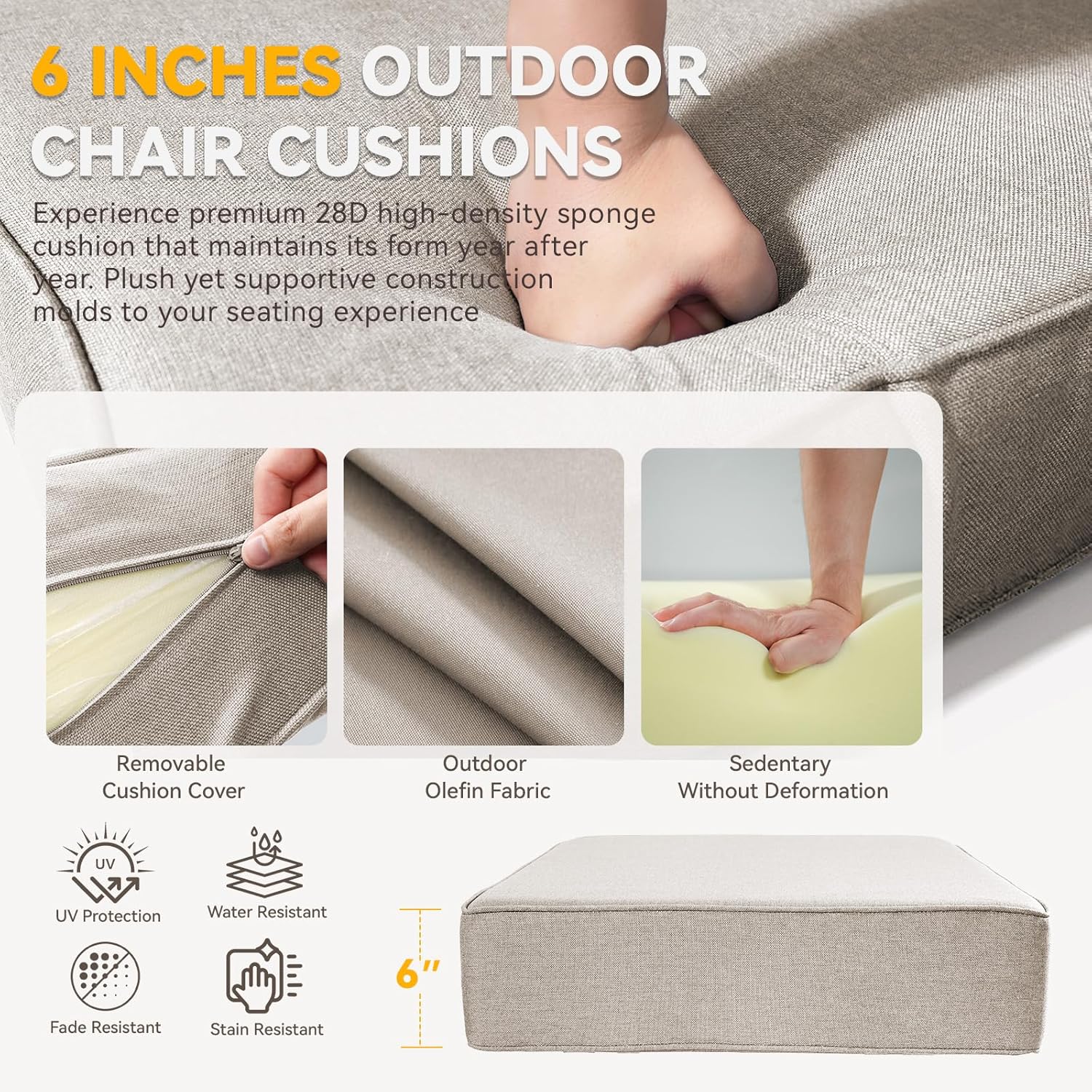 6" Thick Patio Chair Cushions - 22"* 24" Patio Furniture Cushions with Water Resistant & Removable Cover, 28D High Density Sponge Patio Cushion for Outdoor Furniture Couch Chair Beige - Image 5