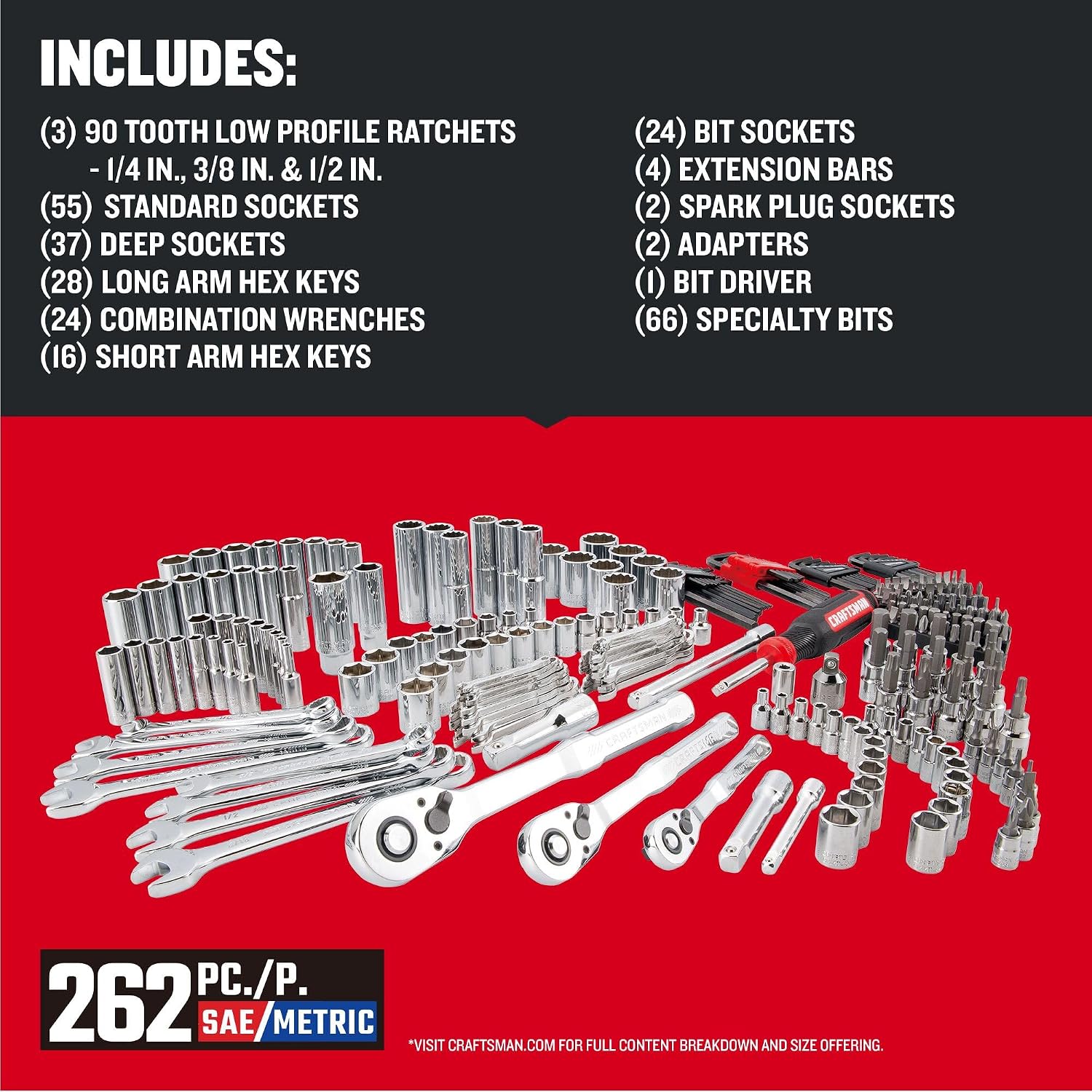 Craftsman 262-Piece Mechanic Tool Set with 3-Drawer VERSASTACK Box, SAE and Metric Socket Set, Car and Motorcycle Tool Kit with Combination Wrenches and Spark Plug Sockets, 90-Tooth (CMMT45309) - Image 2