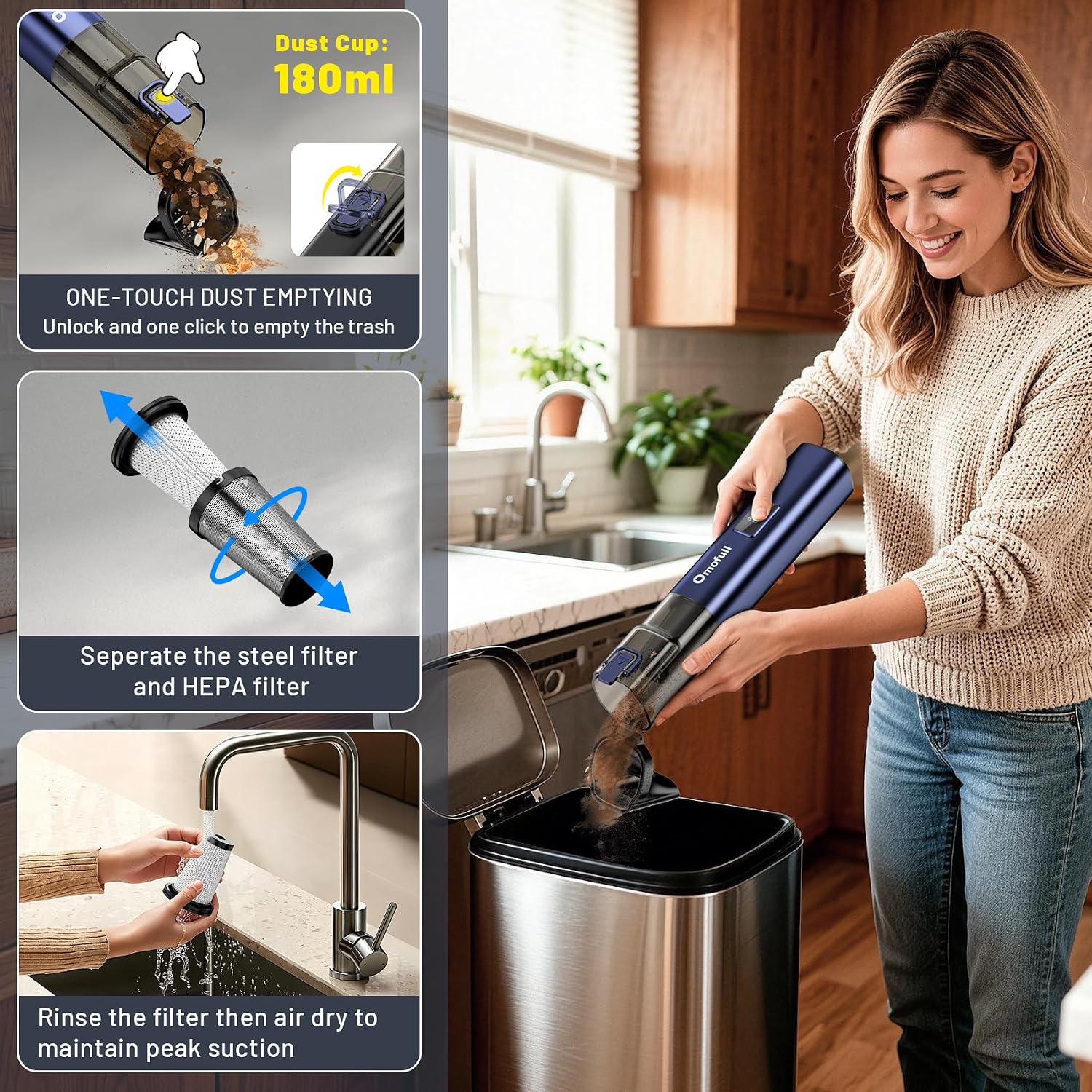 Car Vacuum Portable Cordless, 19500Pa 4-in-1 Handheld Vacuum Cordless Vacuum Cleaner&Air Duster with Multi-Nozzles, 140W Hand Cordless Rechargeable Vacuum Cleaners for Car, Home, Office, Pet - Image 6