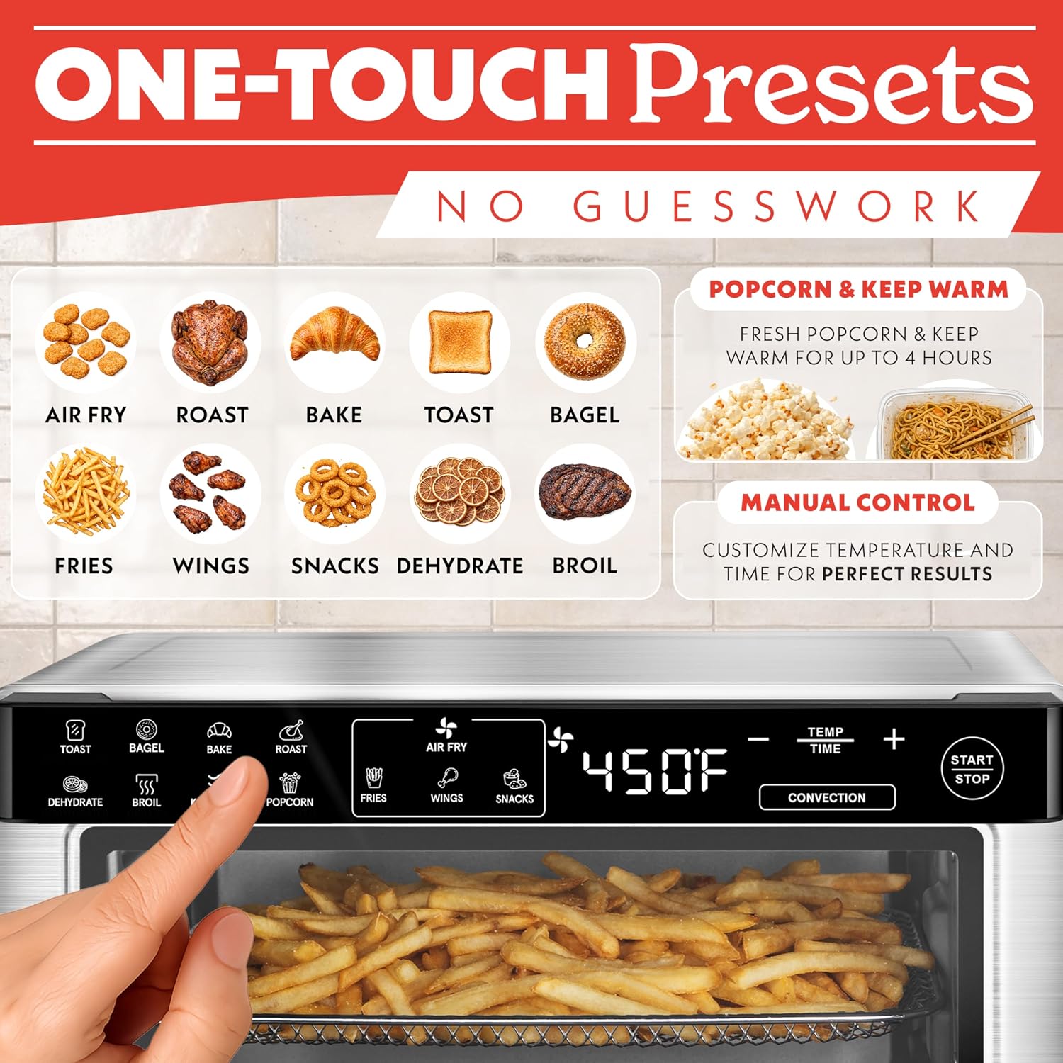 Gourmia Toaster Oven Air Fryer - 4 Slice Capacity, Single Door, Digital Display, Air Fry, Toast & Dehydrate, Convection Cooking, Fits 8” Pizza, 3 Rack Positions, Dishwasher-Safe Trays, Stainless Steel - Image 2
