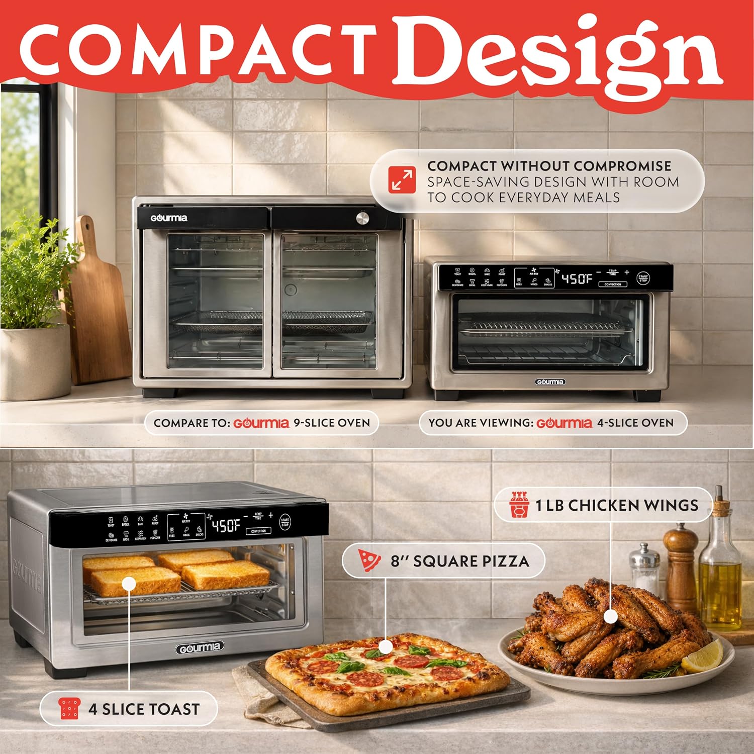 Gourmia Toaster Oven Air Fryer - 4 Slice Capacity, Single Door, Digital Display, Air Fry, Toast & Dehydrate, Convection Cooking, Fits 8” Pizza, 3 Rack Positions, Dishwasher-Safe Trays, Stainless Steel - Image 5