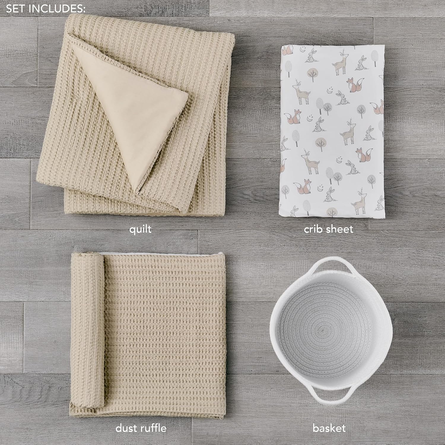 Levtex Baby - Mills Waffle Crib Bed Set - Baby Nursery Set - Taupe - Taupe Textured Waffle - 4 Piece Set Includes Quilt, Fitted Sheet, Dust Ruffle and Rope Basket - Image 2
